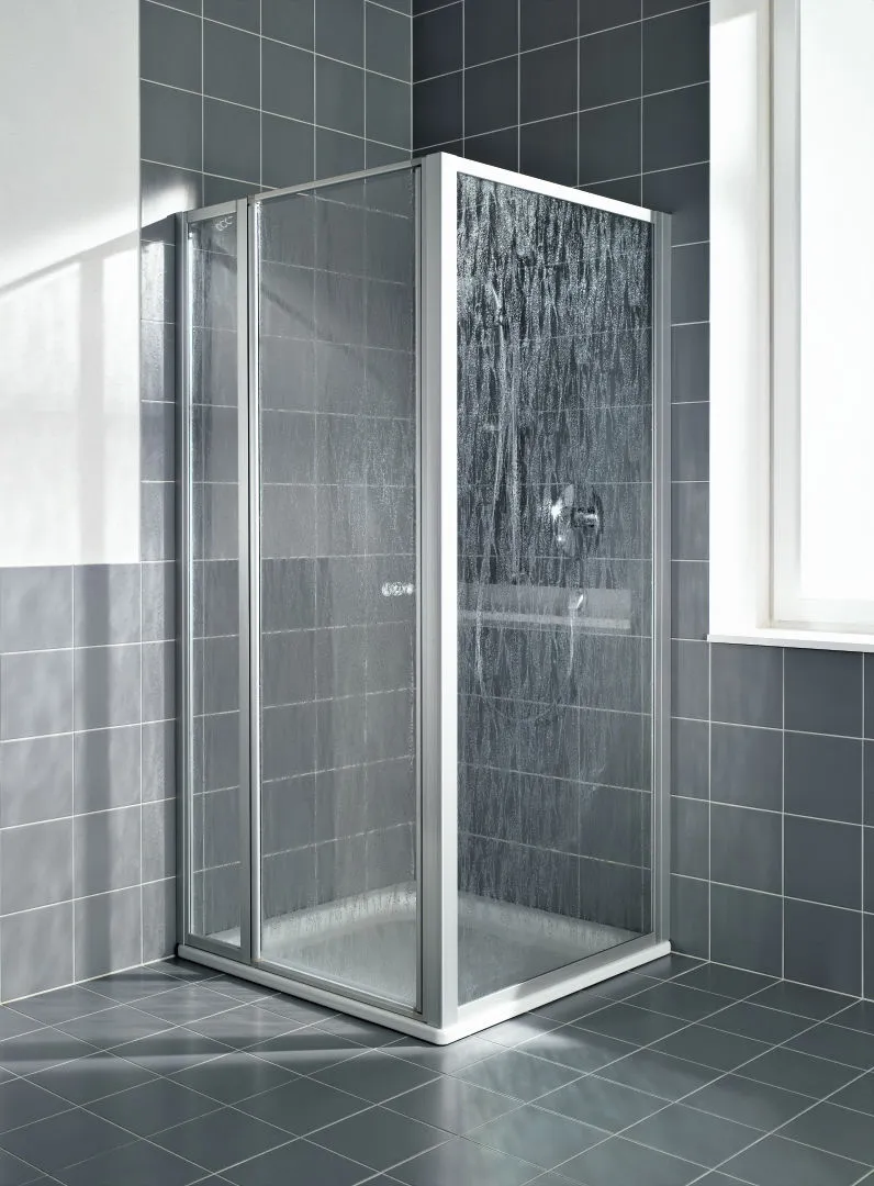 Kermi Duschdesign Schwingtür Schwingtür mit Festfeld für Nische und Ecke „NOVA 2000“ passend für Ecke / Nische Glas Kerolan Fontana, Profile Silber Mattglanz, BV: 715 – 750 mm WE: 715 – 750 mm H: 1750 mm