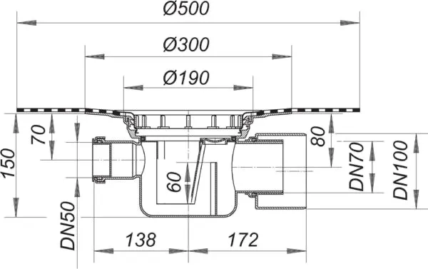 Ablaufgehäuse 58 DallBit, Zulauf DN 50, DN 70/DN 100