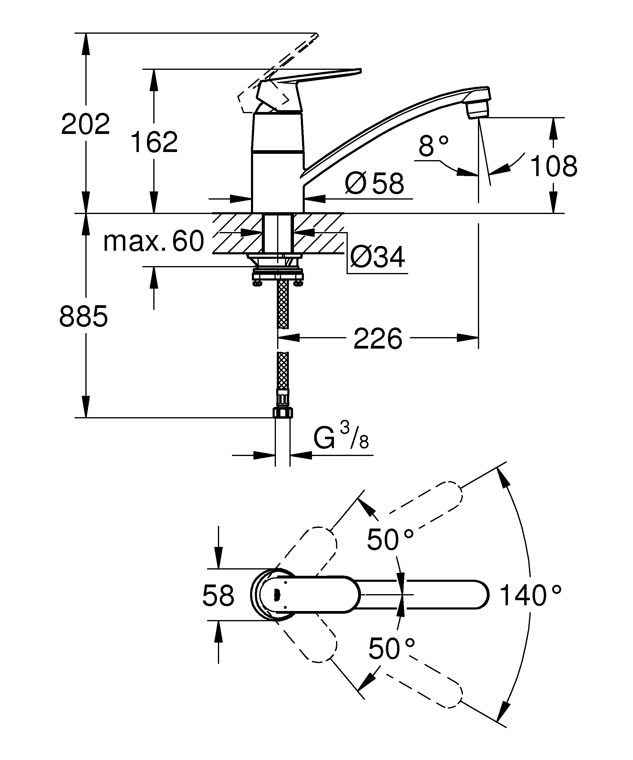 Einhand-Spültischbatterie Eurosmart Cosmopolitan 31170, flacher Auslauf, Einlochmontage, Vor-Fenster-Montage, chrom