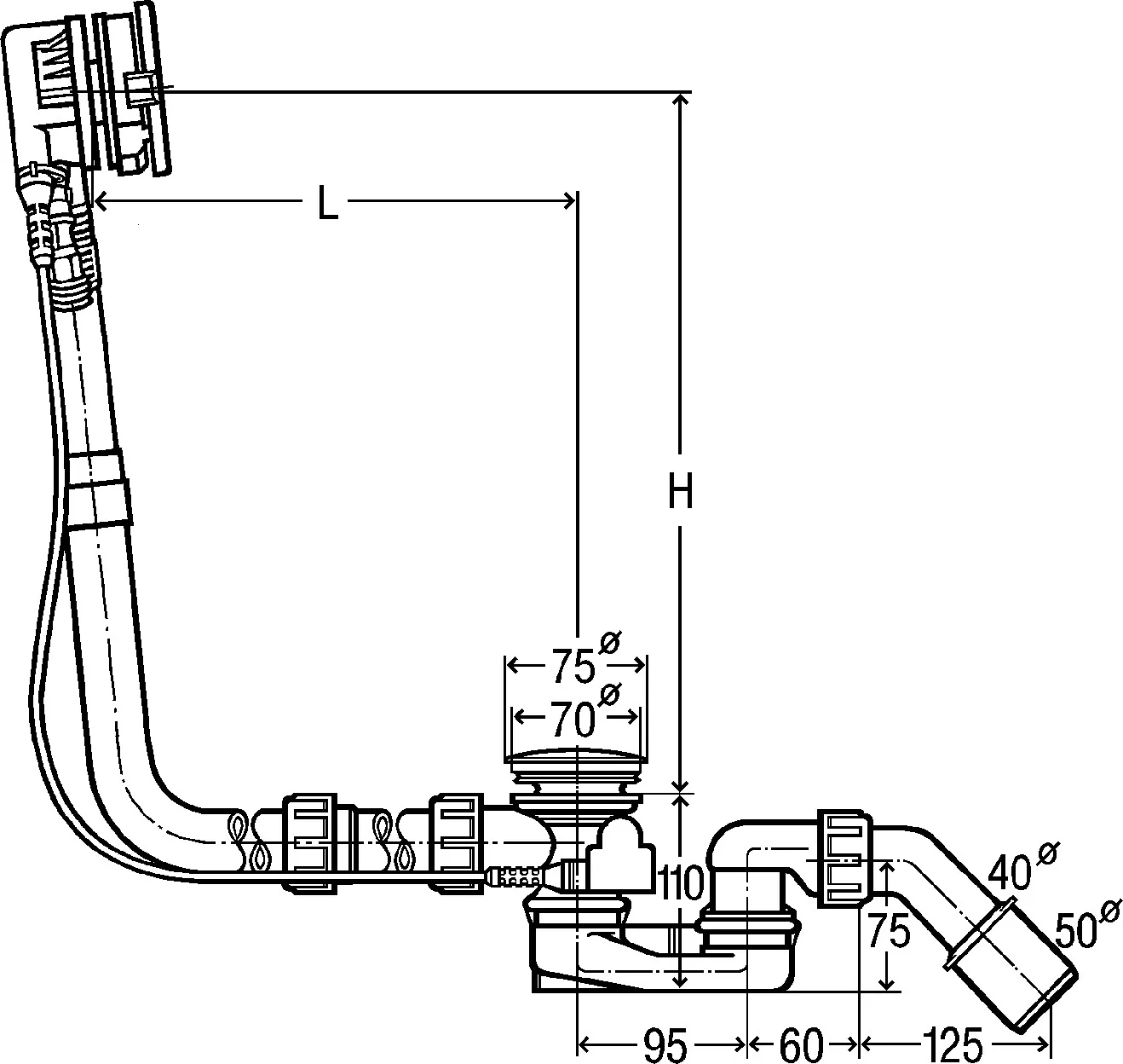 Viega Ab- und Überlaufgarnitur mit Zulauffunktion Modell 6161.70 „Multiplex Trio“ 6161.70 in 1070 mm × DN40 / 50 verchromt 11 cm Viega Ab- und Überlaufgarnitur mit Zulauffunktion Modell 6161.70 „Multiplex Trio“ 6161.70 in 1070 mm × DN40 / 50 verchromt 11 cm