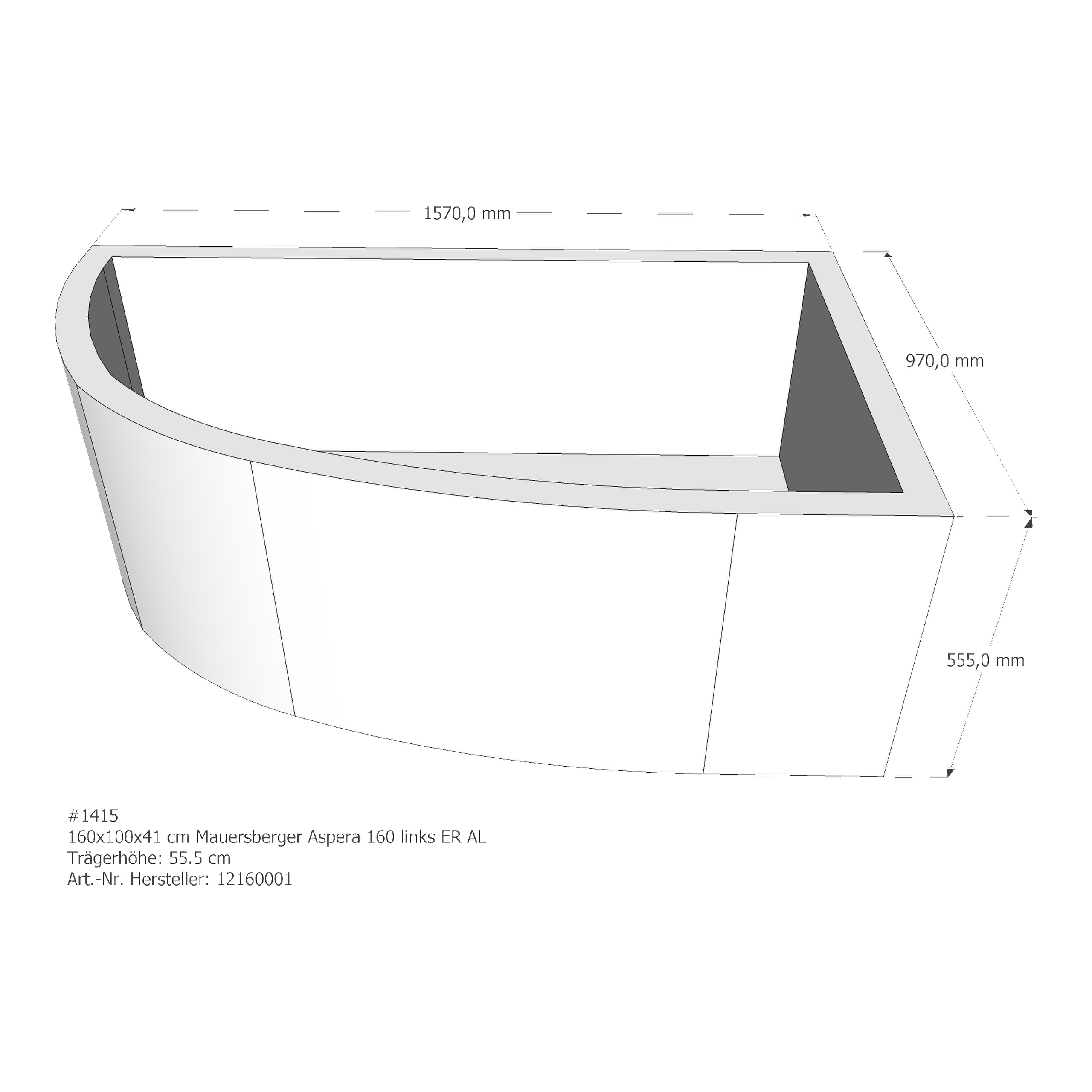 Badewannenträger für Mauersberger Aspera 160 links links 160 × 100 × 41 cm Badewannenträger für Mauersberger Aspera 160 links links 160 × 100 × 41 cm