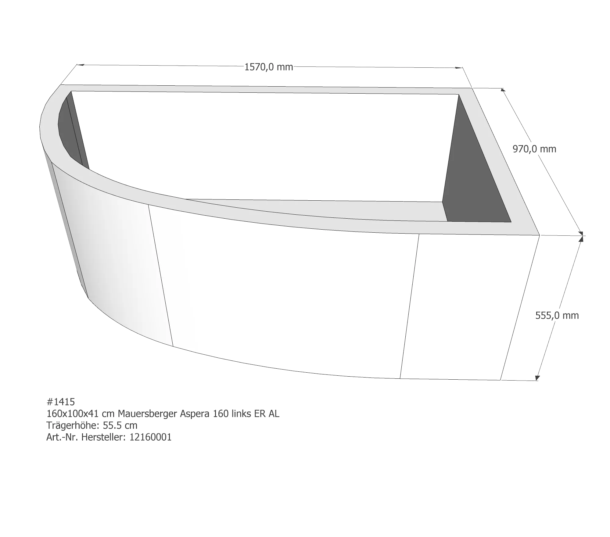 Badewannenträger für Mauersberger Aspera 160 links links 160 × 100 × 41 cm