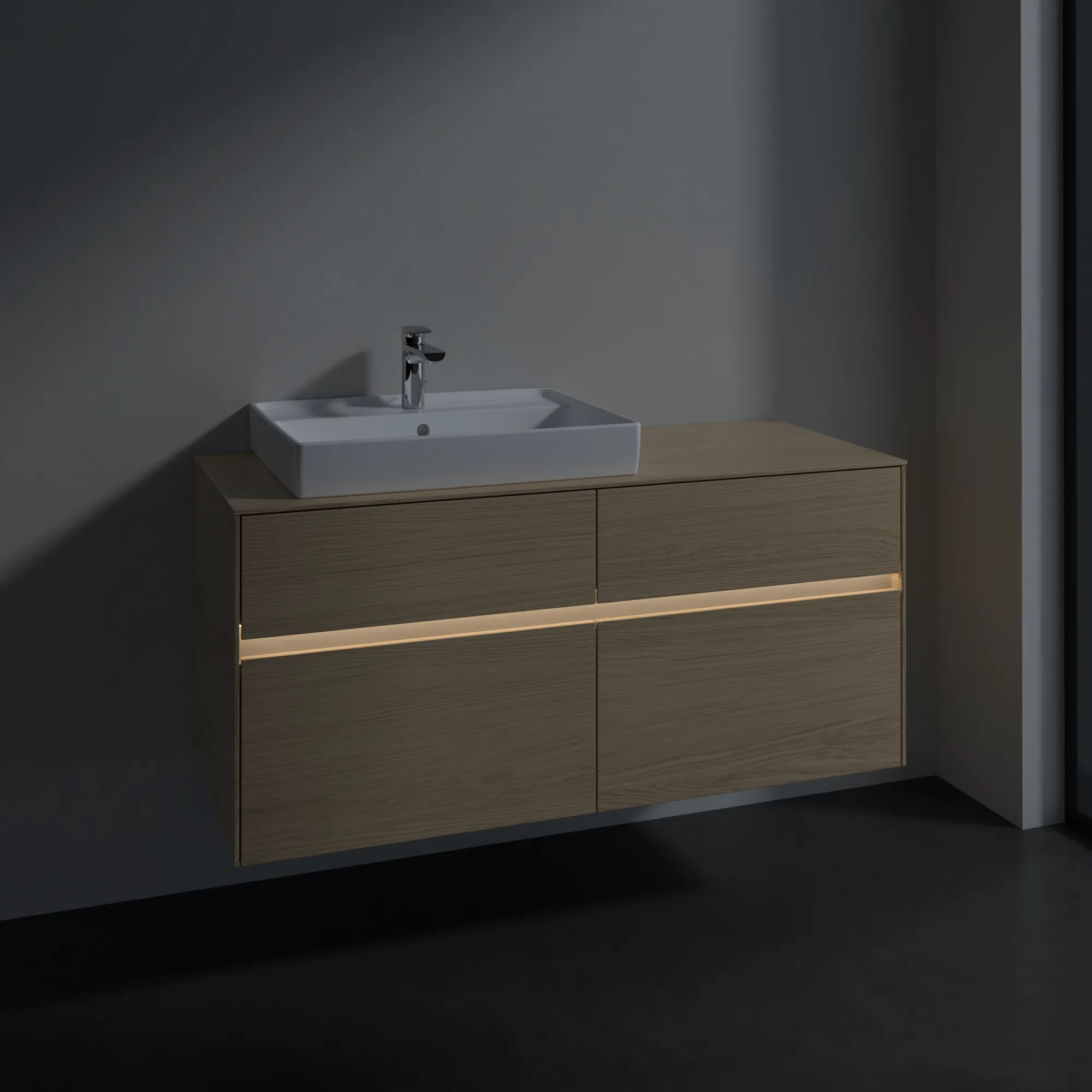 Villeroy & Boch Waschtischunterschrank „Collaro“ 1200 × 548 × 500 mm Nordic Oak, mit Beleuchtung, für Becken links Villeroy & Boch Waschtischunterschrank „Collaro“ 1200 × 548 × 500 mm Nordic Oak, mit Beleuchtung, für Becken links