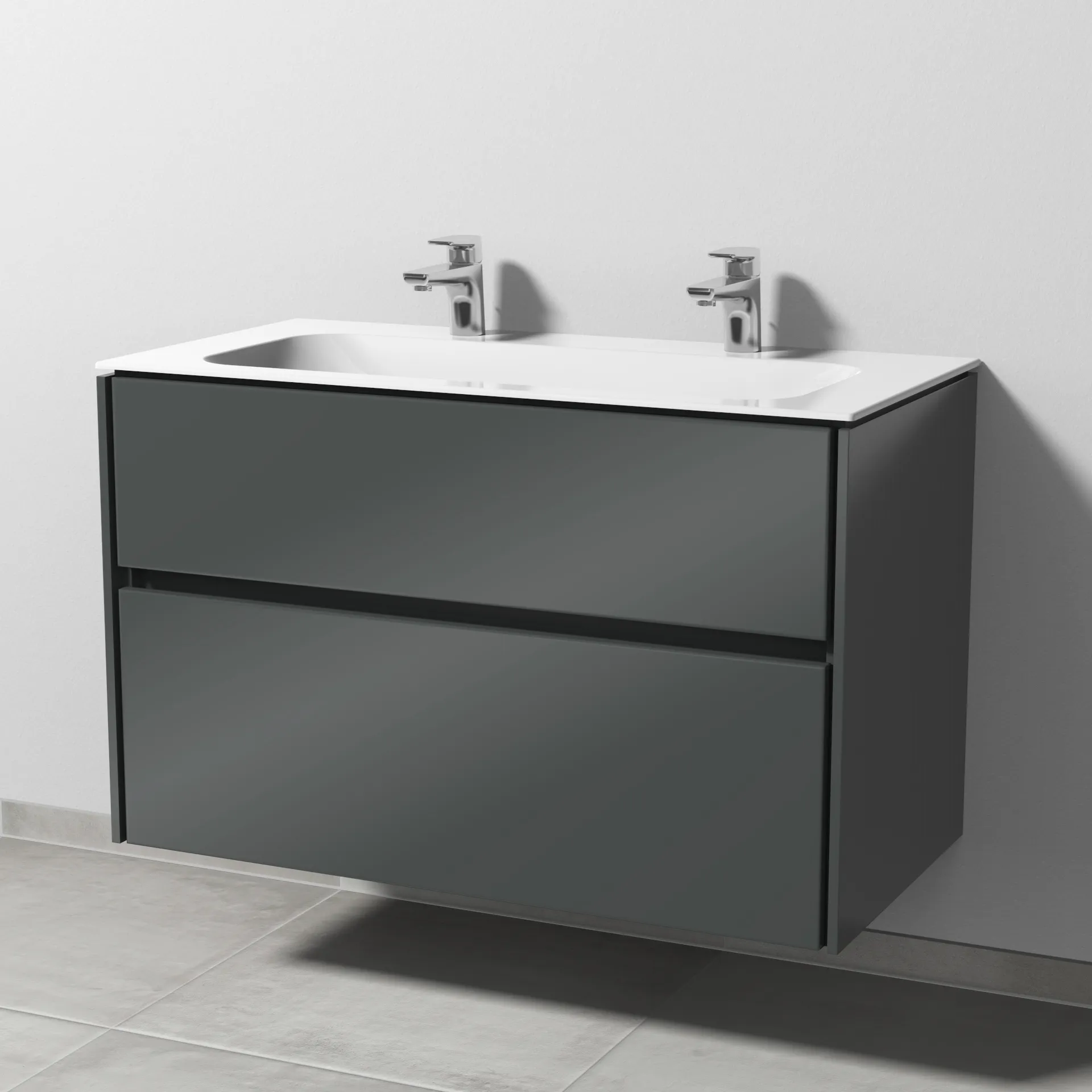 Keramik-Waschtisch-Set mit Waschtischunterschrank „Twiga“ 99 × 50 × 61 cm in Anthrazit (glanz), ohne Beleuchtung, mit Hahnlochbohrung Keramik-Waschtisch-Set mit Waschtischunterschrank „Twiga“ 99 × 50 × 61 cm in Anthrazit (glanz), ohne Beleuchtung, mit Hahnlochbohrung