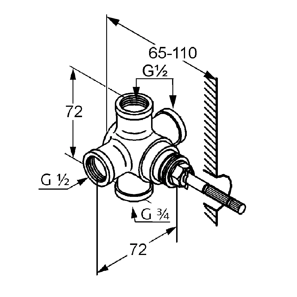 Kludi Zwei-Wege-Umstellung Rohbau-Set als Drehventil 540° neutral, DN 15/20, Messing, Einbautiefe 65–110 mm