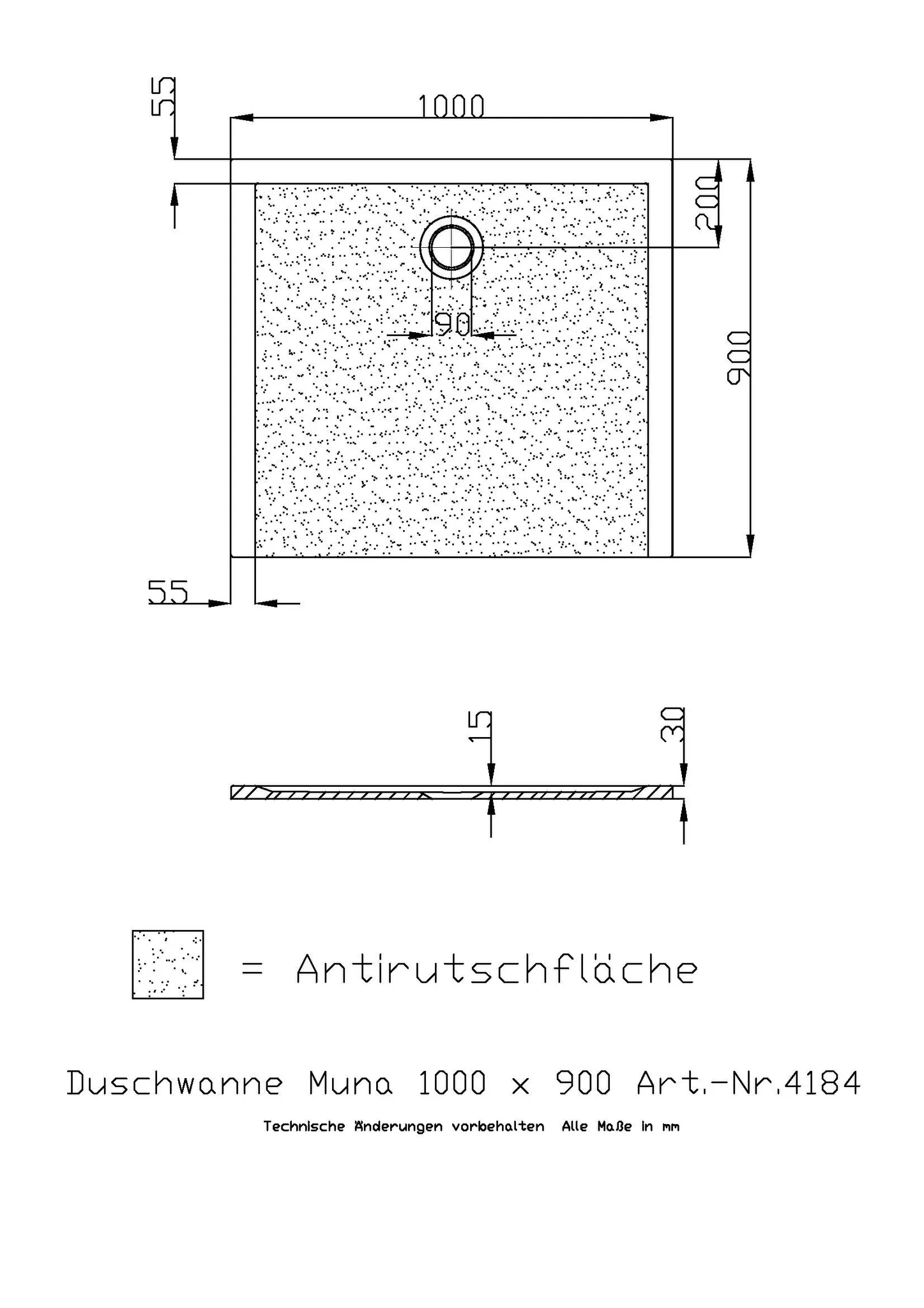 Hoesch Muna Duschwanne 1000x900x30, Mineralguss Solique, Weiß