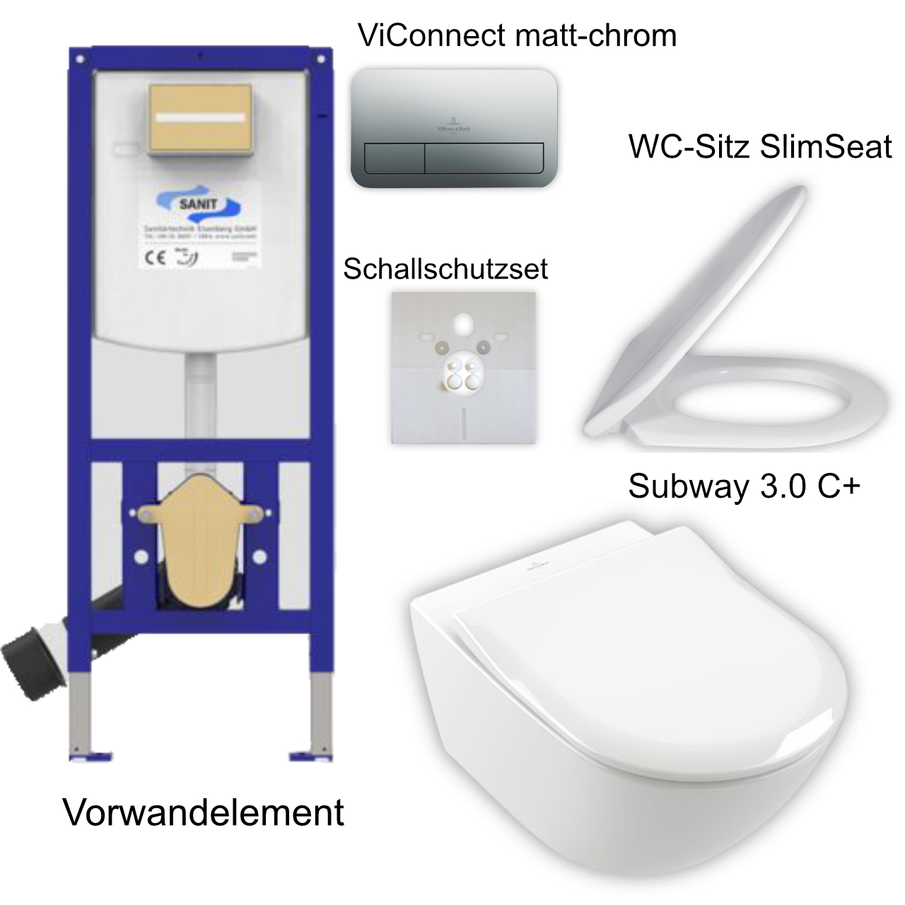 Set aus Subway 3.0 WC CeramicPlus TwistFlush + SlimSeat weiß, ViConnect E200 mattchrom, Element, Schallschutzset