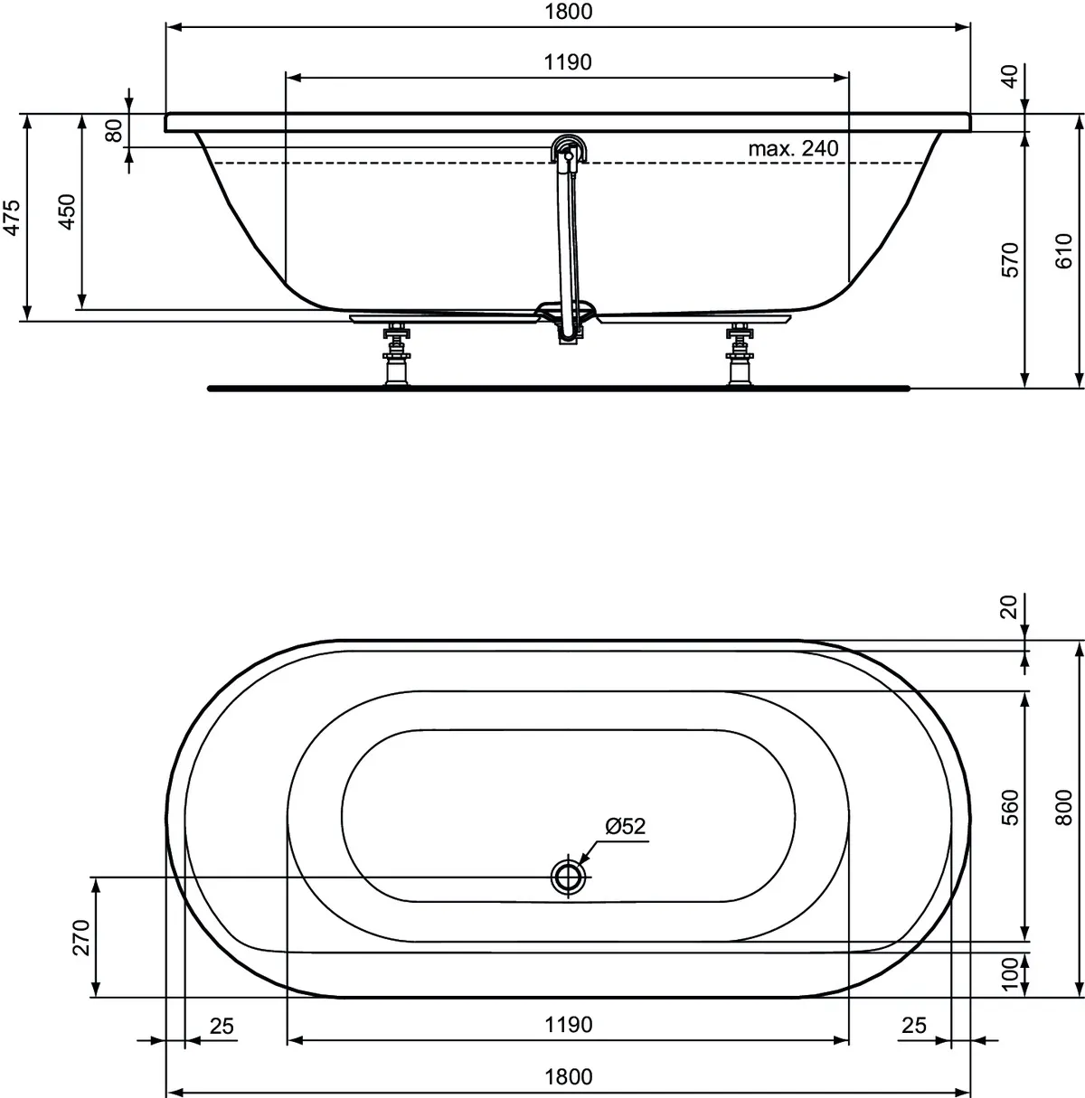 Ideal Standard Badewanne „ConnectAir“ 80 × 180 cm