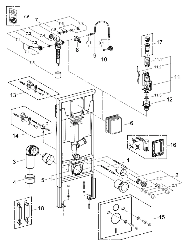 Wand-WC-Element Rapid SL 39002, Spülkasten GD 2, 1,13 m Bauhöhe, für Vorwand- oder Ständerwandmontage, mit Spülrohr für externe Geruchsabsaugung