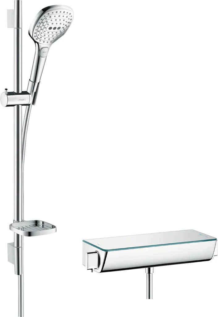 Hansgrohe Raindance Select E Brausesystem Aufputz 120 mm, Chrom – 3 Strahlarten, Ecostat Thermostat, 718 mm Brausestange Hansgrohe Raindance Select E Brausesystem Aufputz 120 mm, Chrom – 3 Strahlarten, Ecostat Thermostat, 718 mm Brausestange