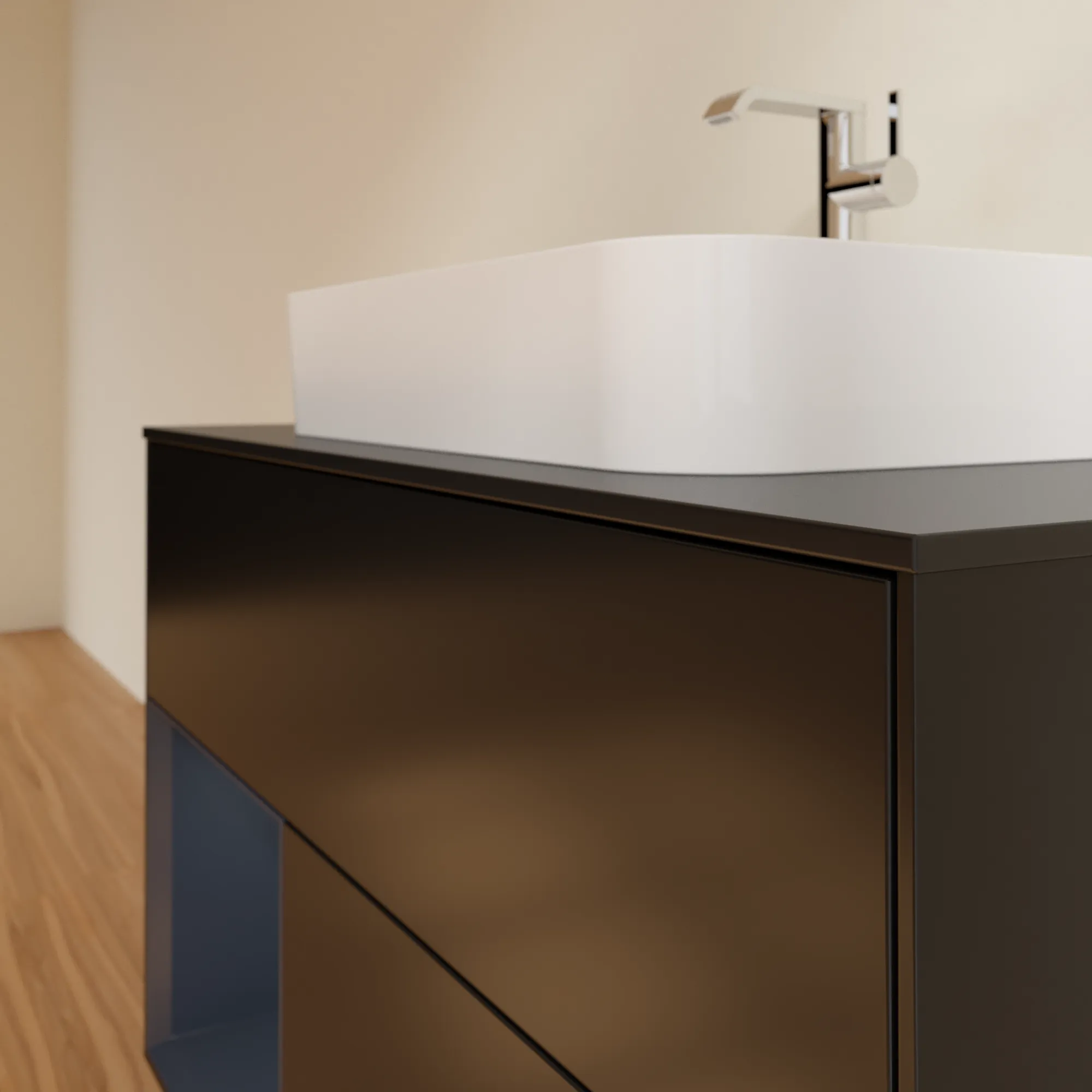 Villeroy & Boch Waschbeckenunterschrank Finion F36, 1000x603x501 mm, Black Matt Lacquer mit Midnight Blue Regal, Beleuchtung dimmbar, SoftClosing, Push-to-Open Villeroy & Boch Waschbeckenunterschrank Finion F36, 1000x603x501 mm, Black Matt Lacquer mit Midnight Blue Regal, Beleuchtung dimmbar, SoftClosing, Push-to-Open