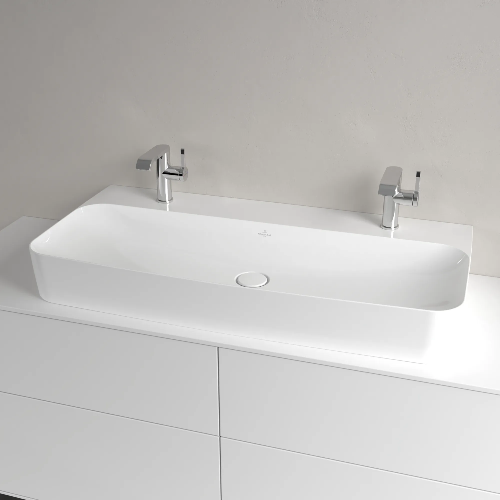 Villeroy & Boch Wandwaschtisch aus TitanCeram geschliffen „Finion“ 1000 × 470 × 165 mm, Hahnlochposition links und rechts, mit Hahnlochbohrung in Weiß Alpin, mit CeramicPlus Villeroy & Boch Wandwaschtisch aus TitanCeram geschliffen „Finion“ 1000 × 470 × 165 mm, Hahnlochposition links und rechts, mit Hahnlochbohrung in Weiß Alpin, mit CeramicPlus