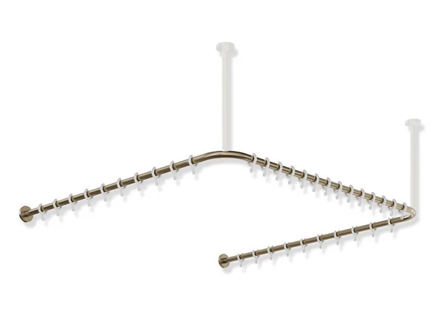 HEWI Vorhangstange System 900, Edelstahl PVD Bronze gebürstet, Achsmaß 1.187 x 1.175 x 1.187 mm, 34 Ringe aus weißem POM, Stangendurchmesser 25 mm