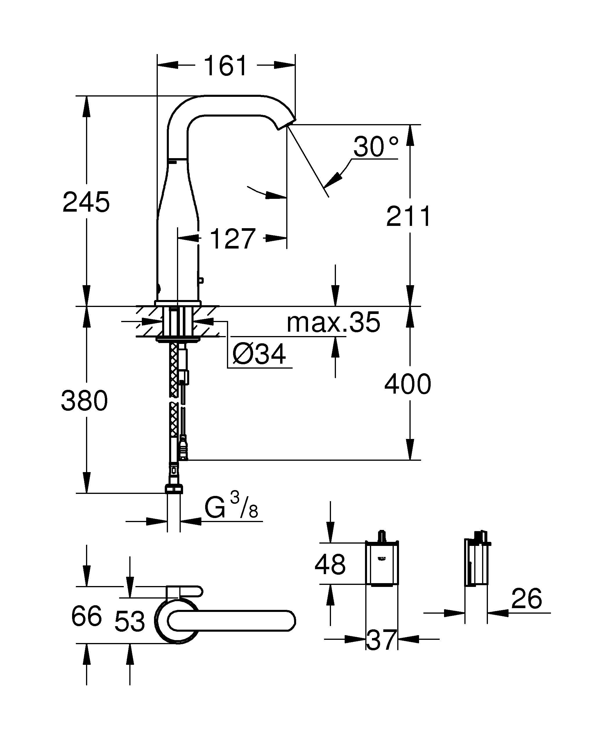 Infrarot-Elektronik für Waschtisch Essence E 36445, DN 15 mit Mischung und variabel einstellbarem Temperaturbegrenzer, 6 V Lithium-Batterie, Typ CR-P2, Laminarstrahlregler 5,7 l/min, chrom