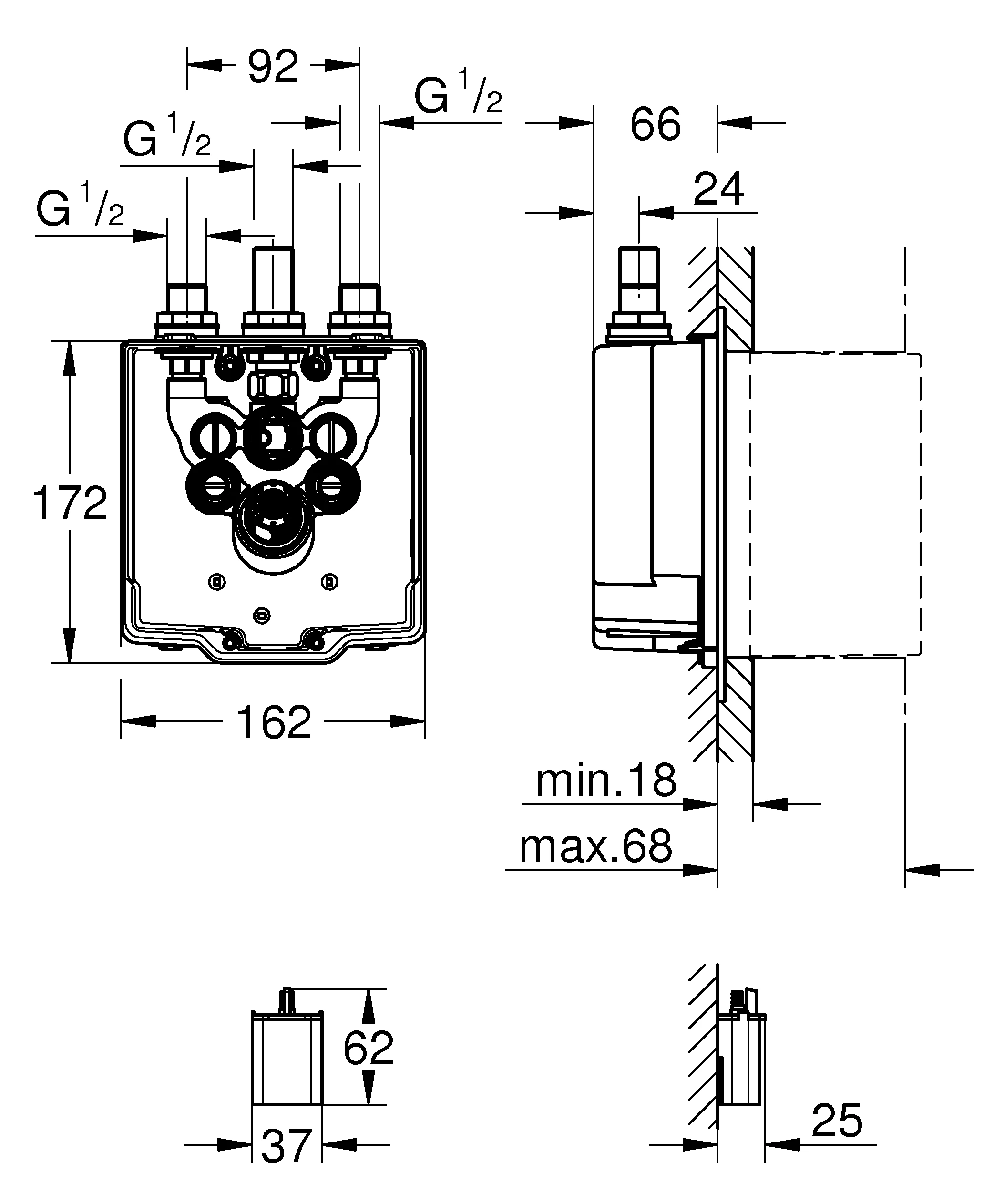 Unterputzkörper Eurosmart CE 36464, für Brause, verdeckte, voreinstellbare thermostatische Mischung, für Infrarot-Fertigmontageset 36 463 000, 6 V, mit Dichtmanschette, für normgerechte Wanddurchführung bei Wassereinwirkung nach DIN 18534:2017