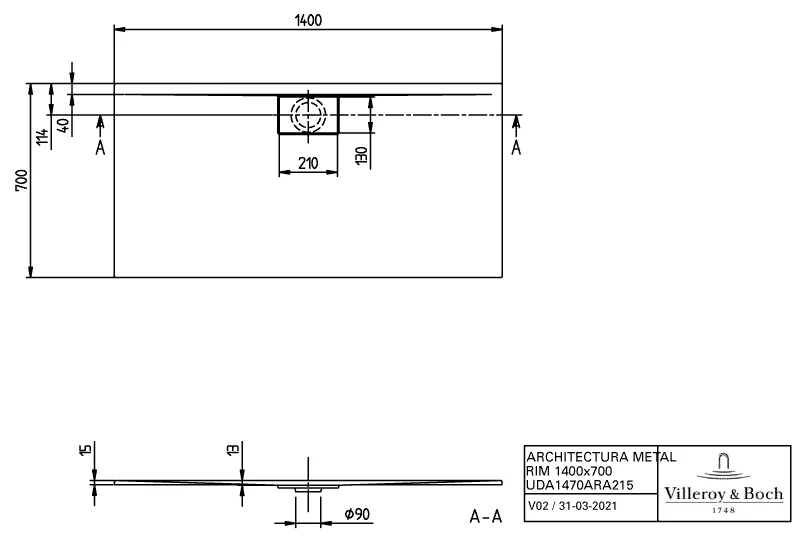Villeroy & Boch rechteck Duschwanne „Architectura MetalRim“ 140 × 70 cm mit Antirutsch (VILBOgrip), in Weiß Alpin