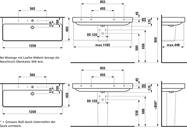 Waschtisch PRO S 465x1200x175 1 Hahnloch mit Überlauf weiß