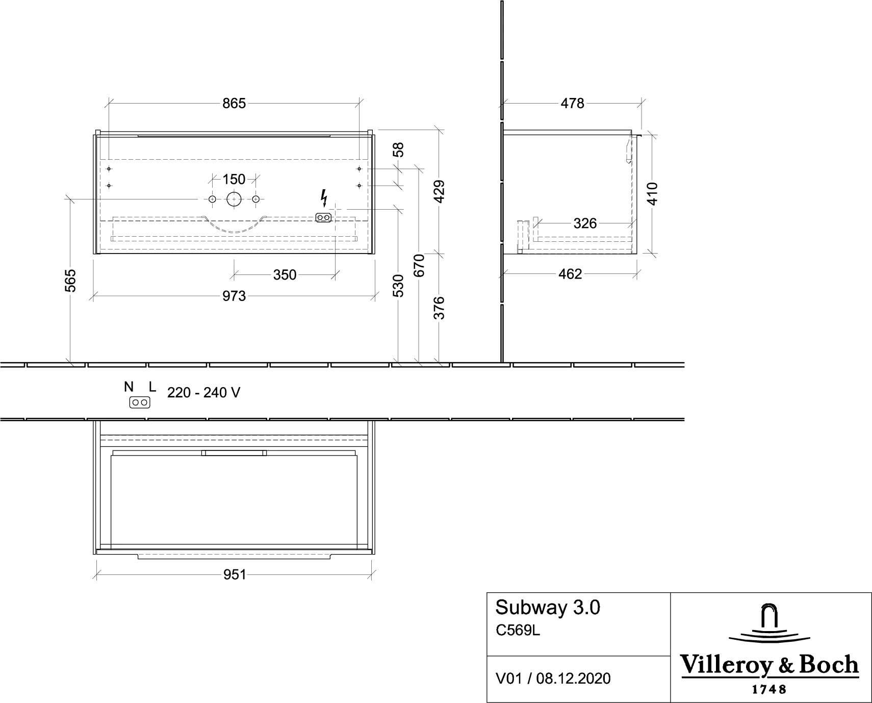Villeroy & Boch Waschtischunterschrank „Subway 3.0“ für Schrankwaschtisch 973 × 429 × 478 mm Graphite, für Becken mittig