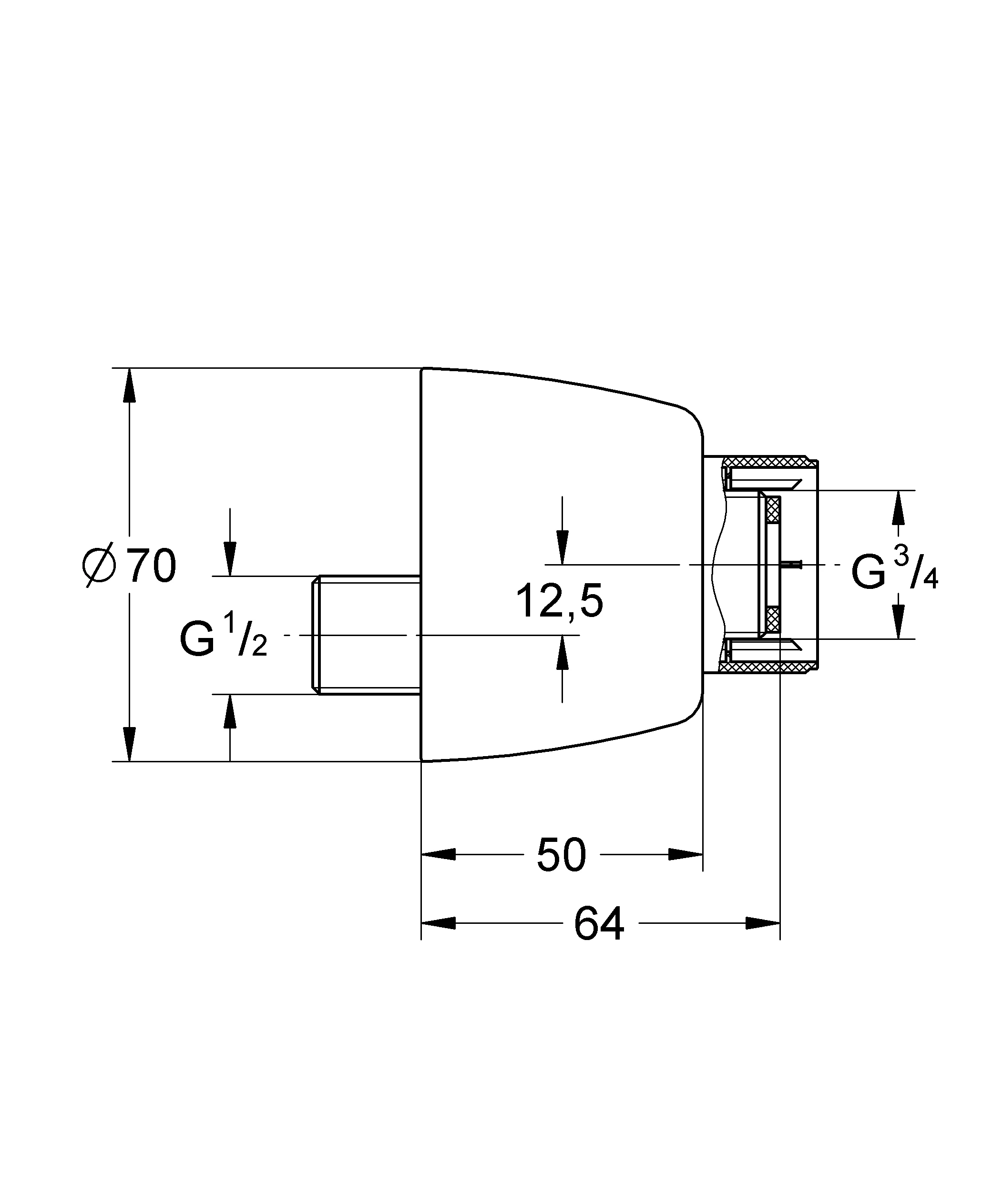 S-Anschluss 12051, absperrbar, 1/2'' x 3/4'', Verstellbarkeit 12,5 mm, chrom