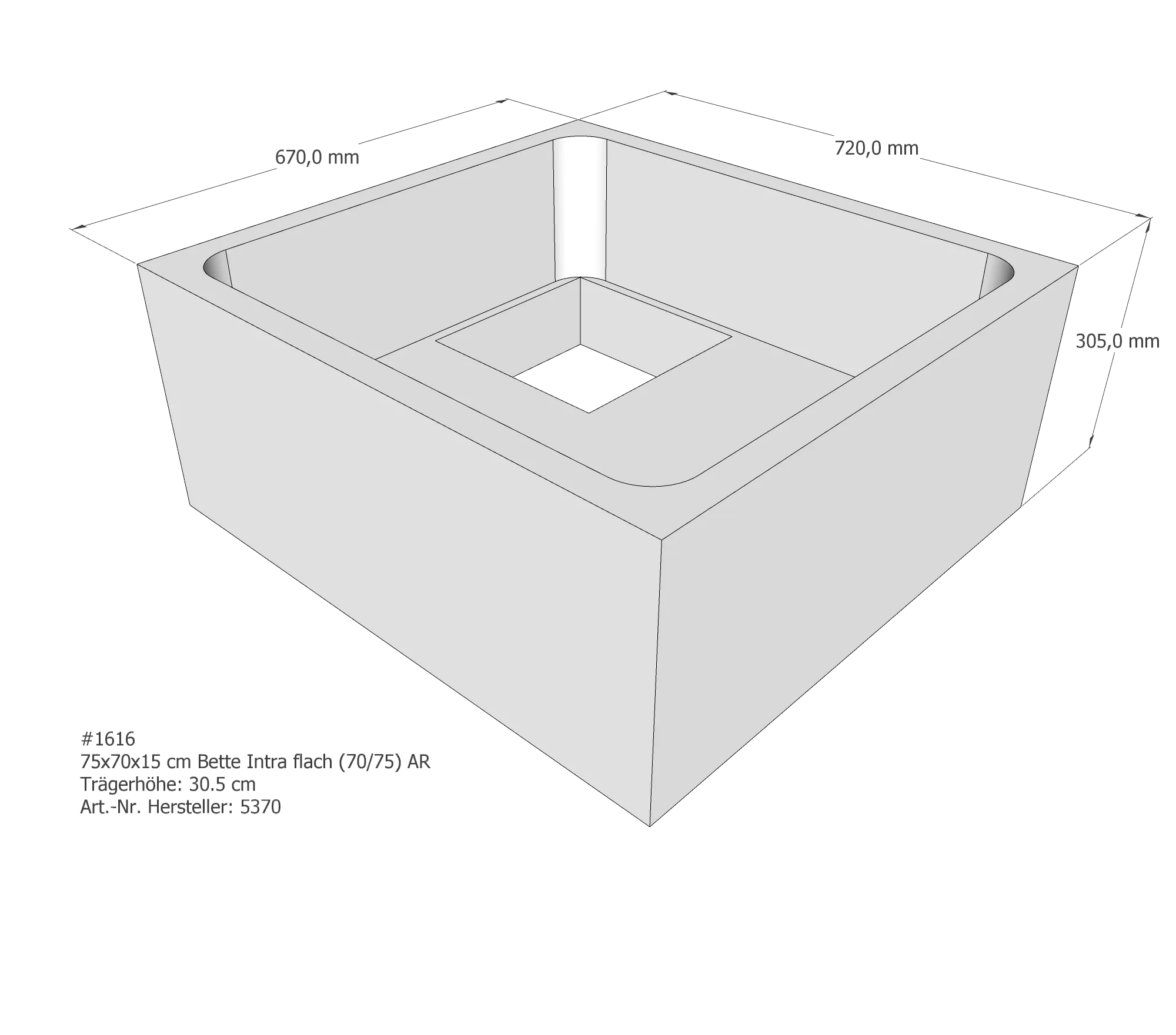 Duschwannenträger für Bette Quinta (flach/Intra) 75 × 70 × 15 cm Breite: 70 cm / Länge: 75 cm