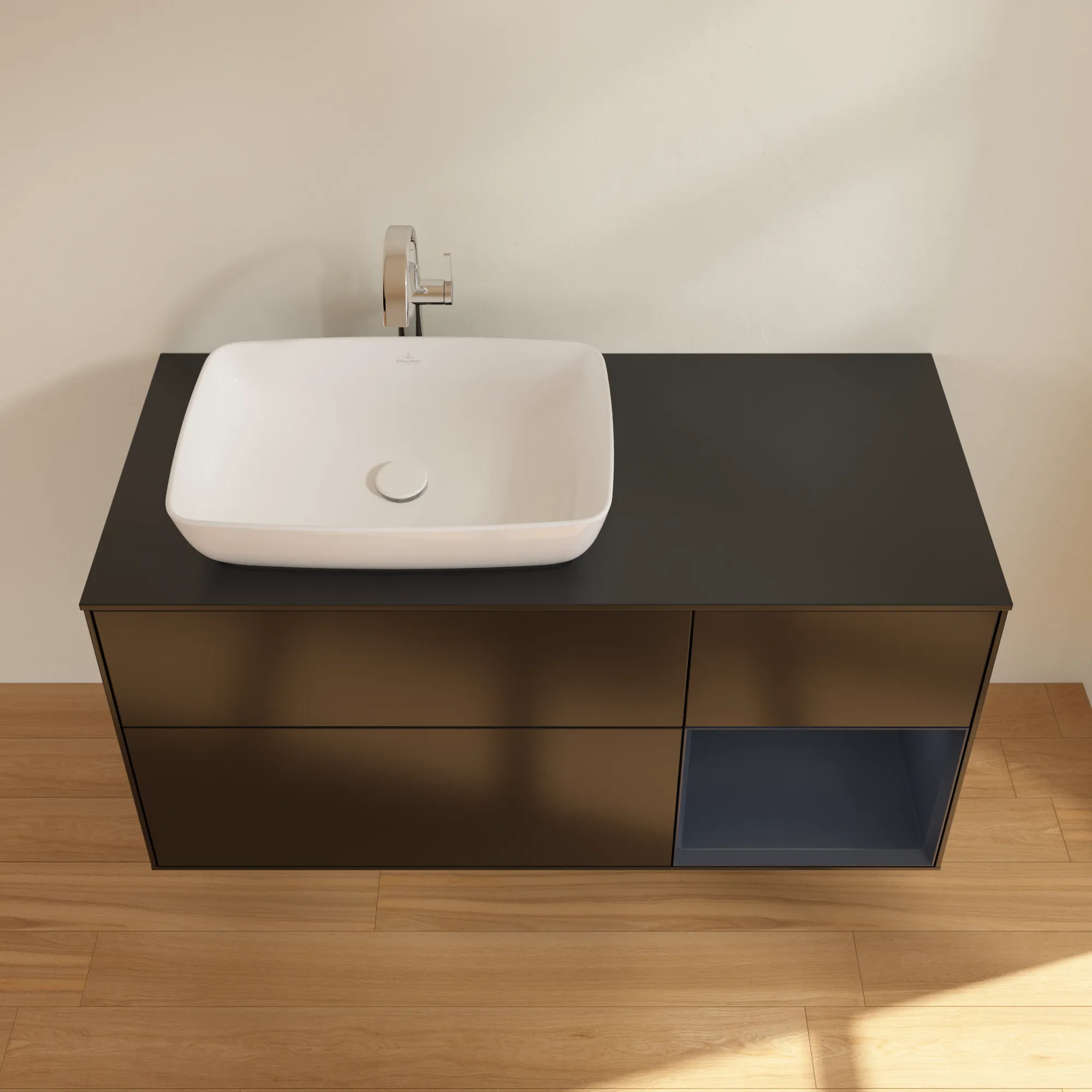 Villeroy & Boch Waschtischunterschrank „Finion“ für Schrankwaschtisch 1200 × 603 × 501 mm Black Matt Lacquer, für Becken links Villeroy & Boch Waschtischunterschrank „Finion“ für Schrankwaschtisch 1200 × 603 × 501 mm Black Matt Lacquer, für Becken links