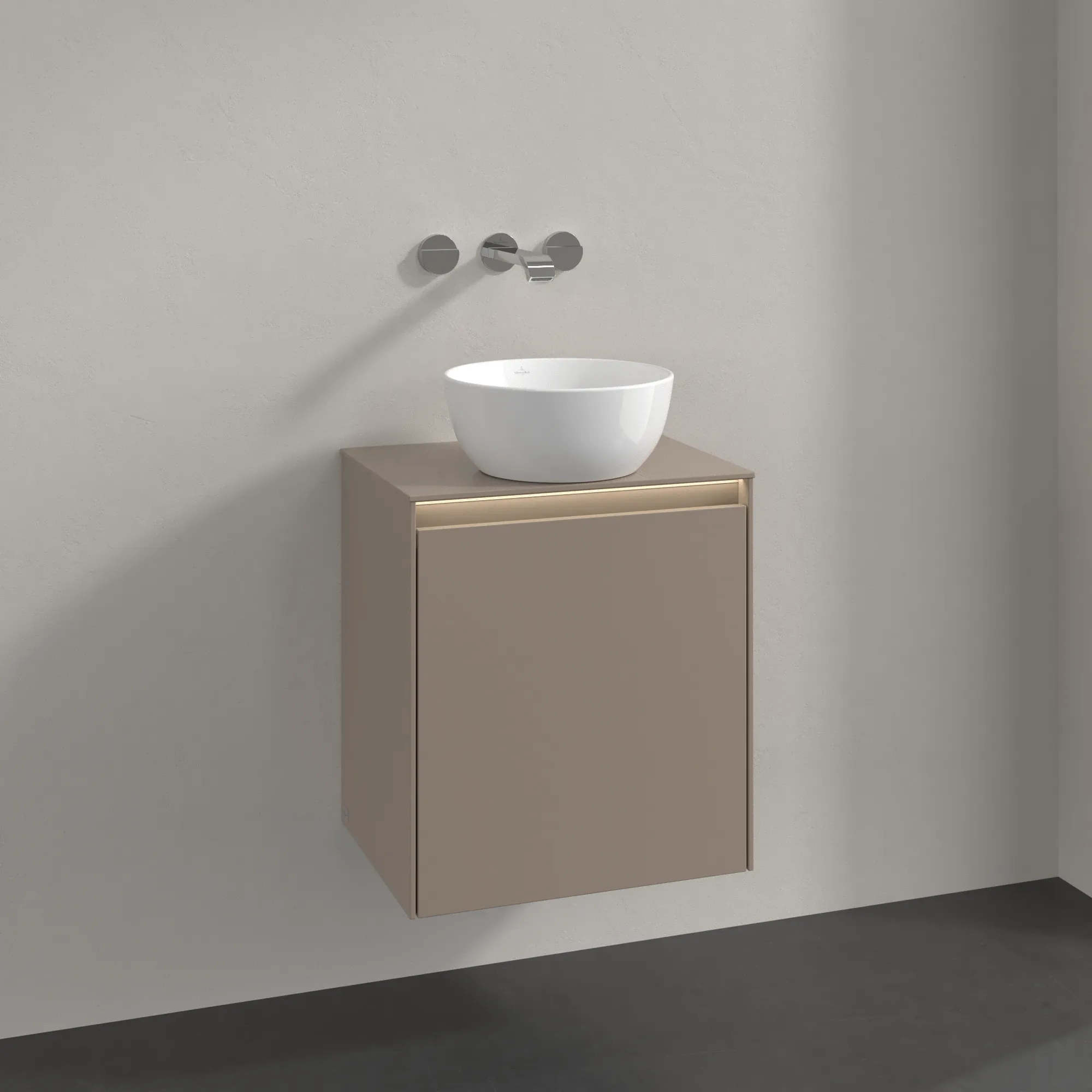 Villeroy & Boch Waschtischunterschrank „Collaro“ 500 × 548 × 380 mm Taupe, für Becken mittig, Anschlag links, mit Beleuchtung Villeroy & Boch Waschtischunterschrank „Collaro“ 500 × 548 × 380 mm Taupe, für Becken mittig, Anschlag links, mit Beleuchtung