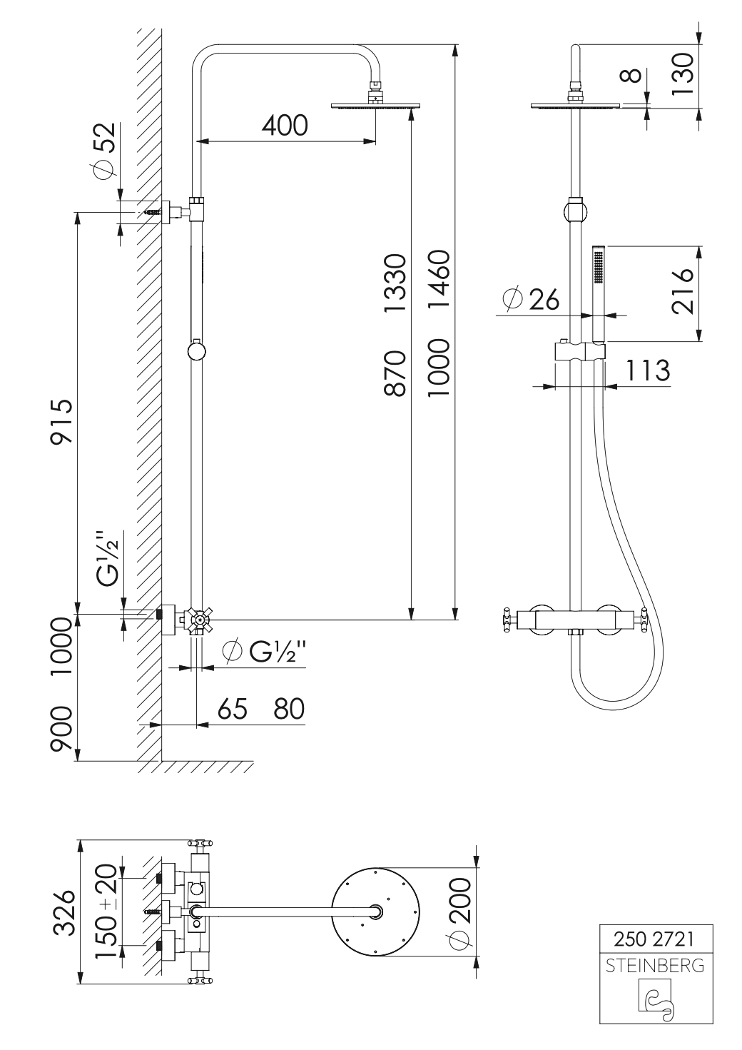 Serie 250 Brauseset mit Thermostat-Armatur ⌀ 20 cm, mit Stabhandbrause Serie 250 Brauseset mit Thermostat-Armatur ⌀ 20 cm, mit Stabhandbrause