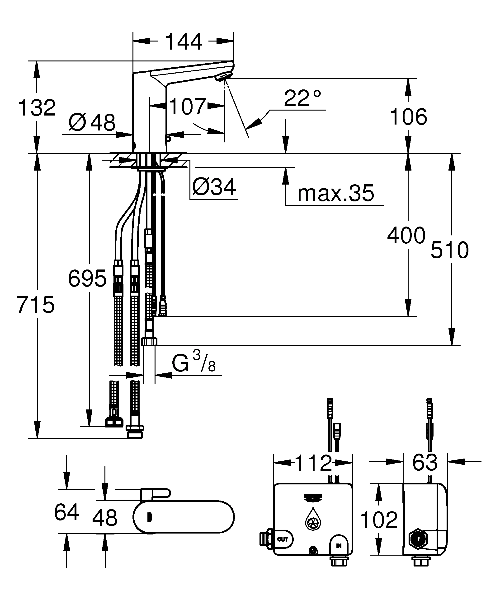 Infrarot-Elektronik für Waschtisch Powerbox Eurosmart CE 36386_1, mit Mischung und variabel einstellbarem Temperaturbegrenzer, chrom