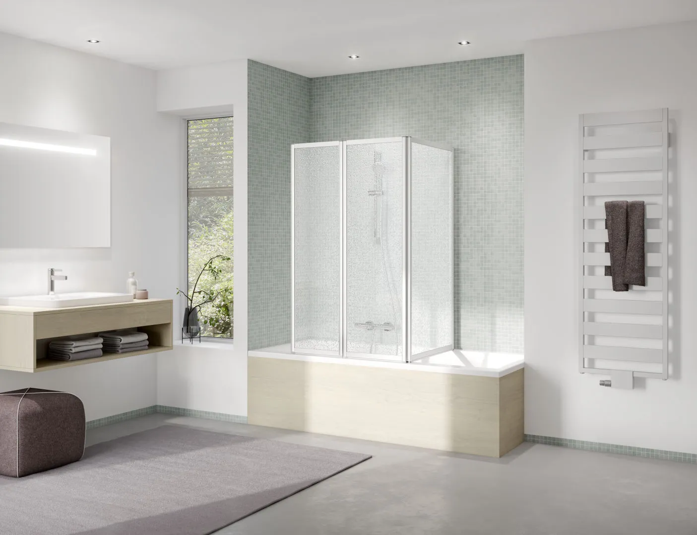 Kermi Badewannenabtrennung Faltwand 3-flügelig über Badewanne „VARIO 2000“, Falttür Glas Kerolan Perl, Profile Silber Mattglanz, BV: 1501 - 1517 mm WE: 685 - 718 mm H: 1400 mm Kermi Badewannenabtrennung Faltwand 3-flügelig über Badewanne „VARIO 2000“, Falttür Glas Kerolan Perl, Profile Silber Mattglanz, BV: 1501 - 1517 mm WE: 685 - 718 mm H: 1400 mm