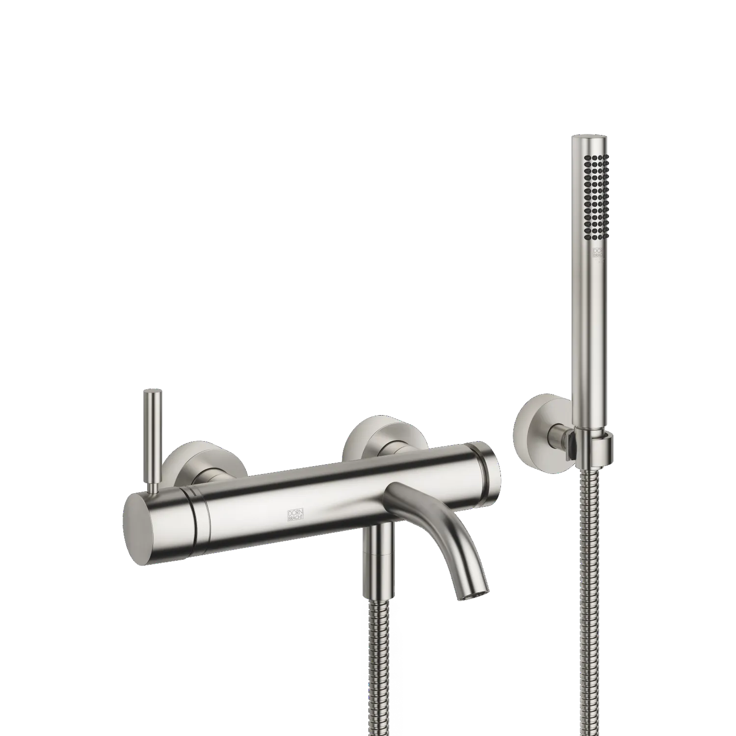 Dornbracht META Wannen-Einhandbatterie Chrom gebürstet, Wandmontage, Auslauf runder luftangereicherter Strahl, max. Durchfluss 14 l/min bei 3 bar, Handbrause COMPACT RAIN, Schlauchbrausegarnitur mit Antikalk-System, automatische Umstellung Wanne/Brause