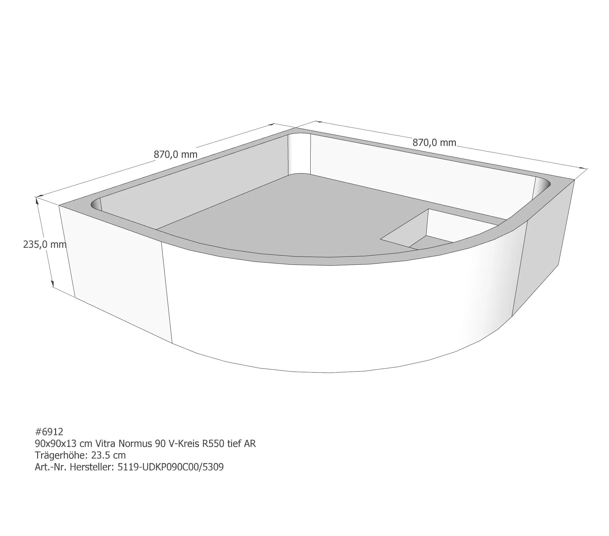Duschwannenträger für VitrA Normus V-Kreis tief 90 × 90 × 16 cm