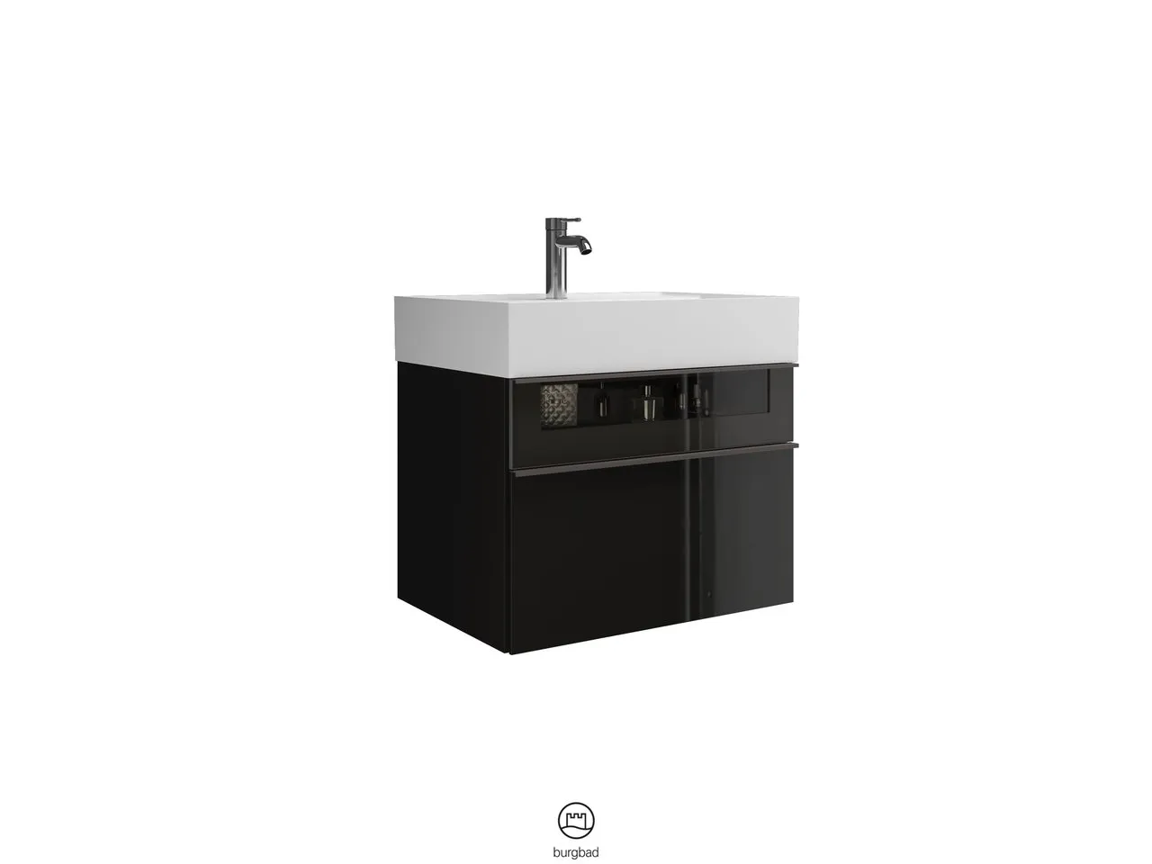 Mi-Waschtisch inkl. WTU Yumo von burgbad – Mineralguss, 470x665x610 mm, 1 Schublade, Rauchglasfront