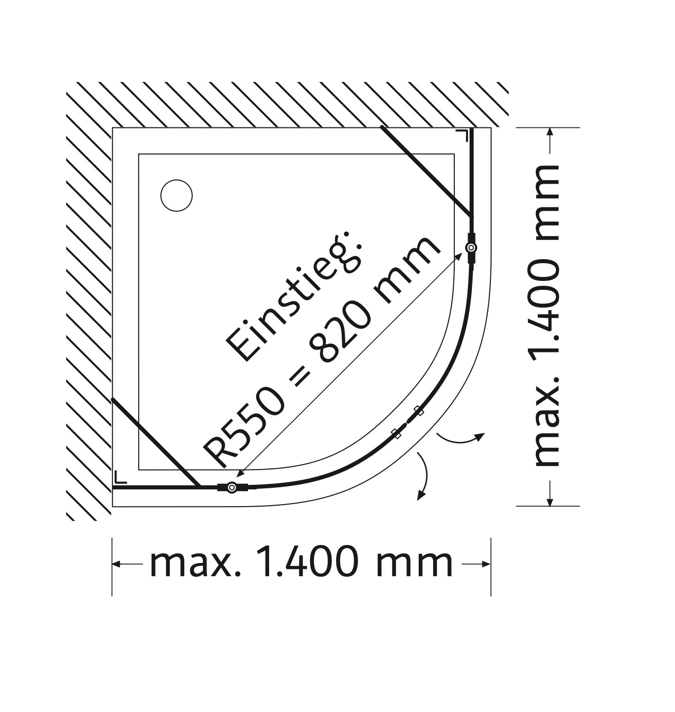 HSK rahmenlos Runddusche pendelbar 4-teilig „Aperto Pur“ Glas Linea 02, Scharniere Schwarz-matt, Sondergröße HSK rahmenlos Runddusche pendelbar 4-teilig „Aperto Pur“ Glas Linea 02, Scharniere Schwarz-matt, Sondergröße