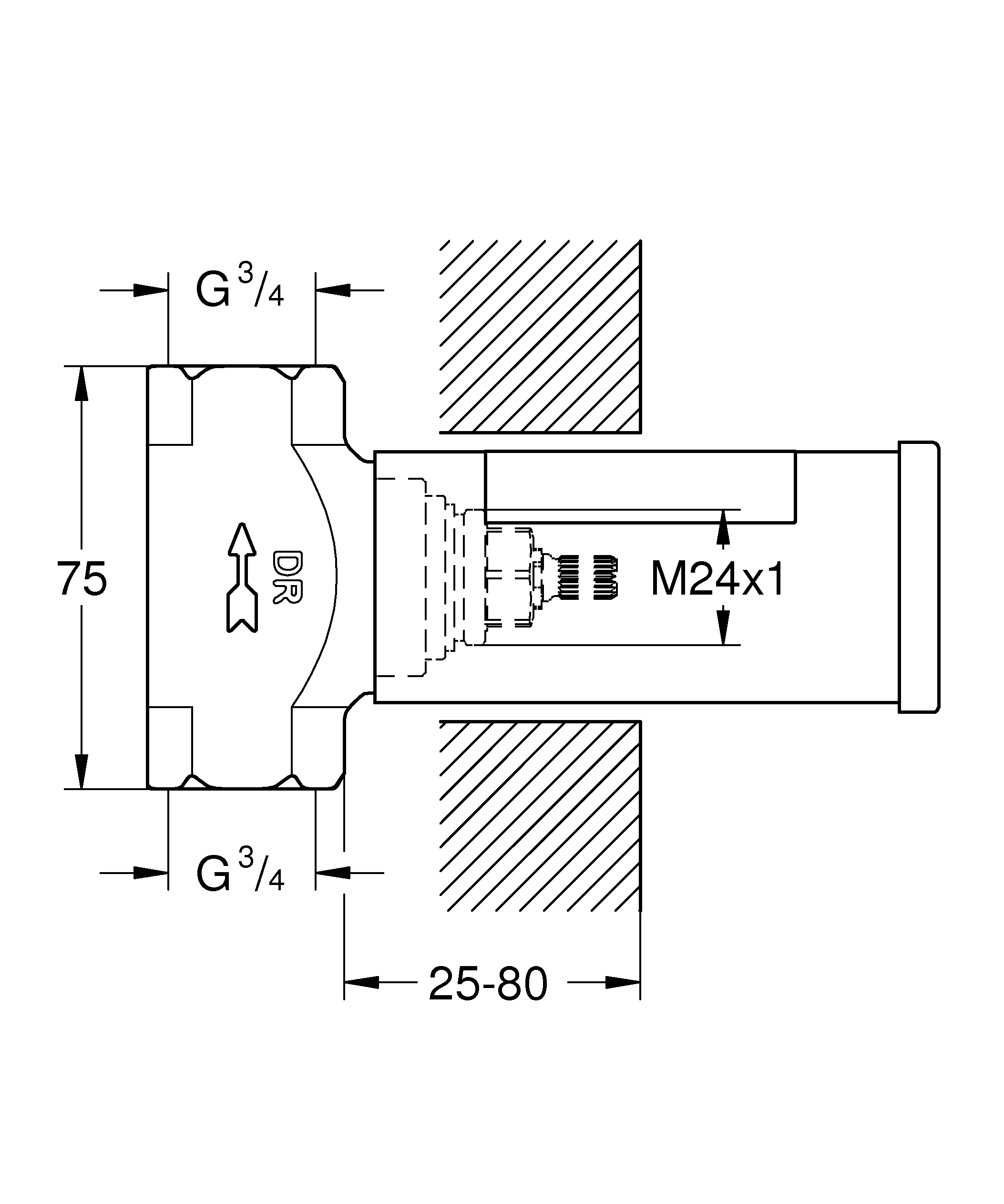 Unterputz-Ventil 29802_2, DN 20, vormontiertes Oberteil 3/4″, kurze Spindel, Gewindeanschluss 3/4″, mit Dichtmanschette, für normgerechte Wanddurchführung bei Wassereinwirkung nach DIN 18534:2017