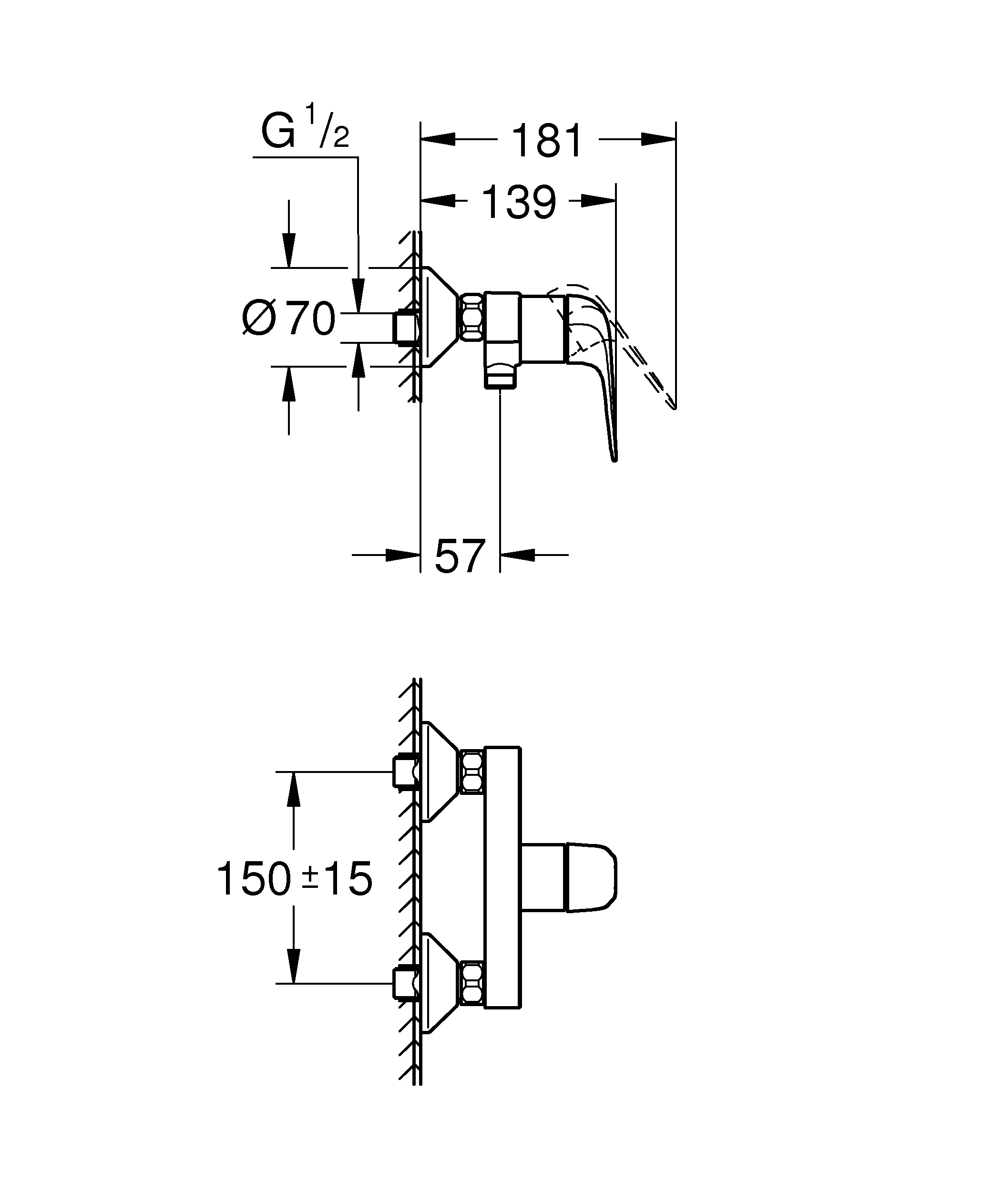 EH-Brausebatterie Euroeco 32740_1, Wandmontage, Temperaturbegrenzer, S-Anschlüsse, eigensicher, chrom