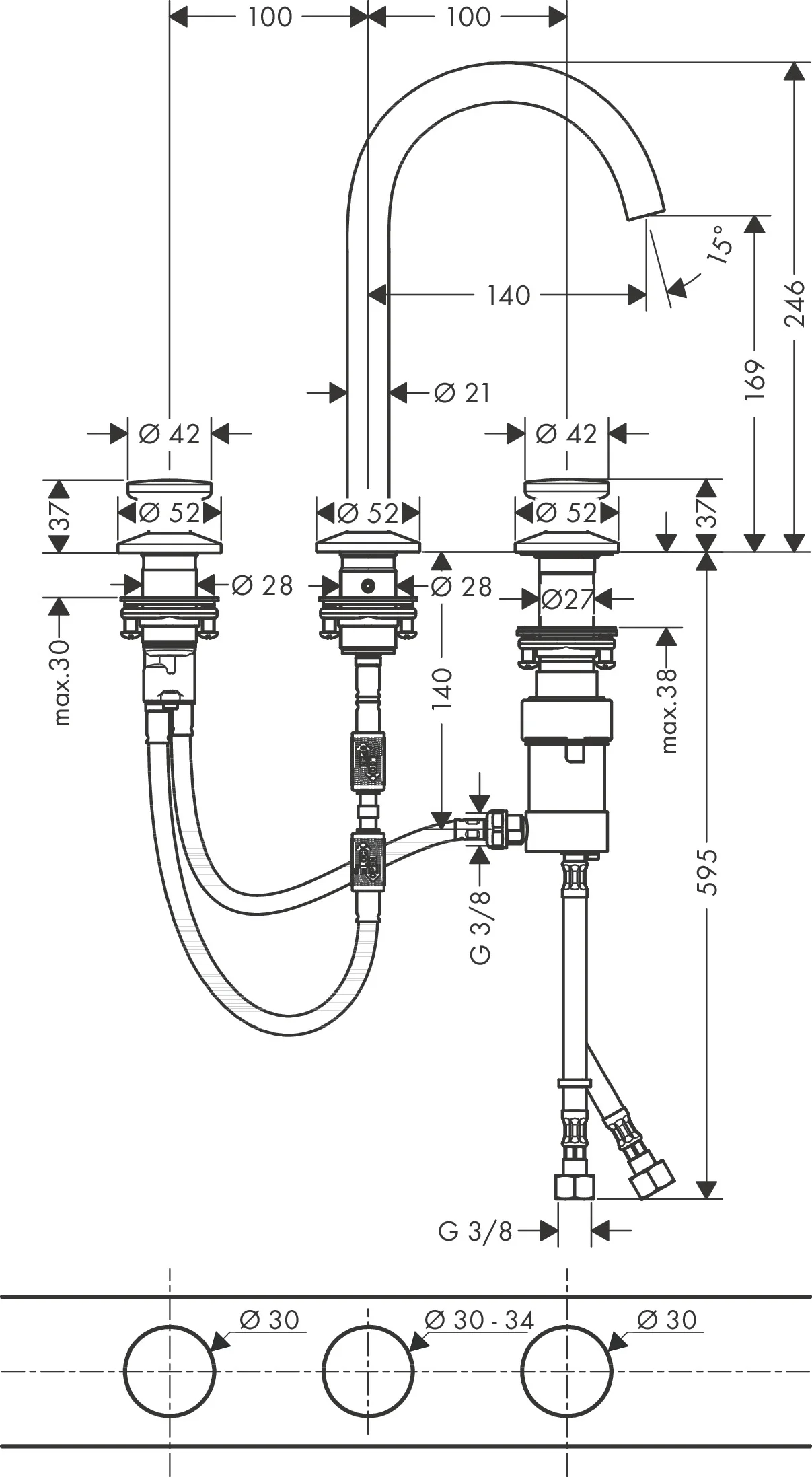Hansgrohe AXOR One 3-Loch Waschtischarmatur Select 170 Chrom, Ausladung 140 mm, Auslaufhöhe 169 mm