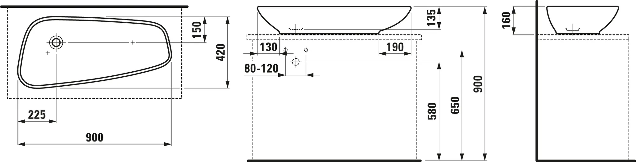 Waschtisch-Schale PALOMBA 420x900x160 ohne Hahnloch ohne Überlauf weiß