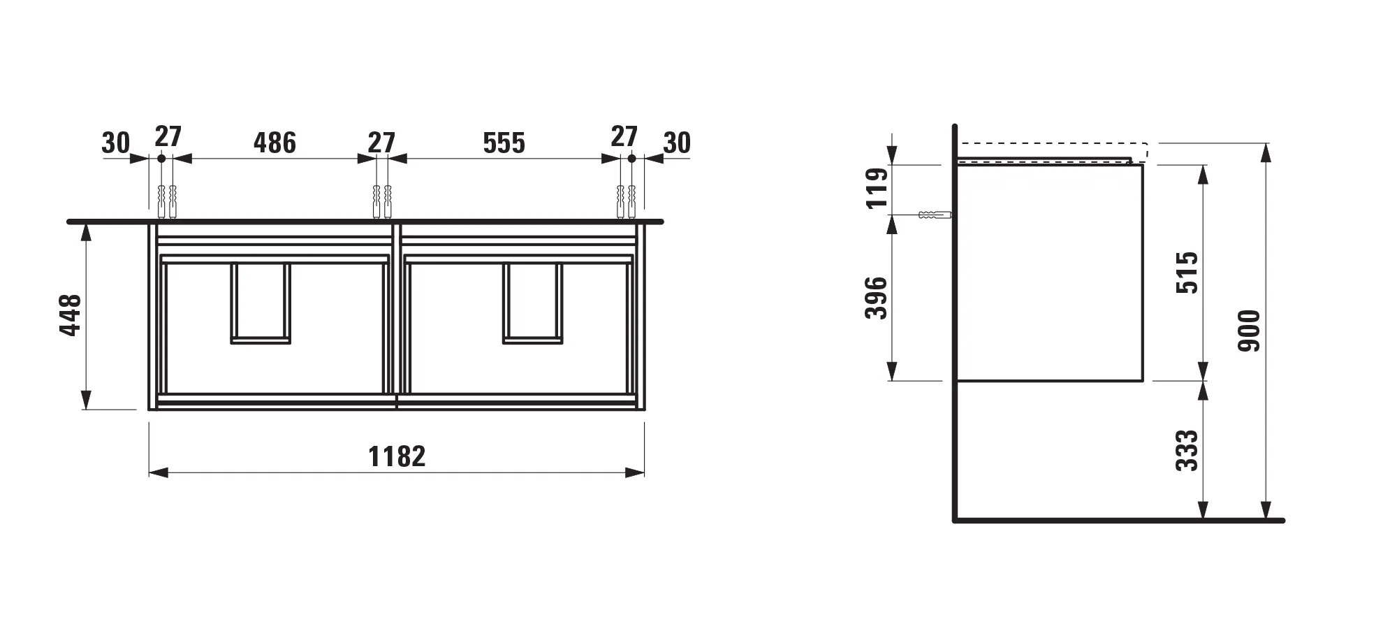 Waschtischunterbau LANI 442x1182x515 mit 4 Schubladen integrierter Griffleiste Vollauszug und Soft-Close für Waschtisch LUA H814081 weiß matt