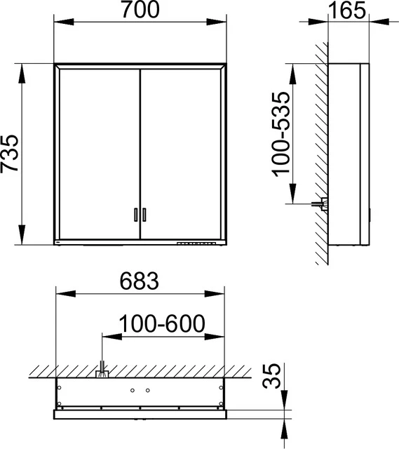 KEUCO Wandvorbau Spiegelschrank mit verdecktem Ablagefach „Royal Lumos“ in Silber (eloxiert), Aufputz, mit Steckdosen 700 × 735 × 165 mm