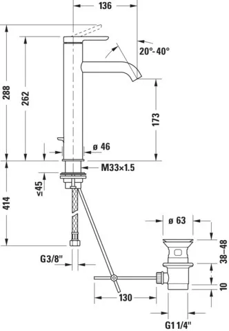 C.1 Einhebel-Waschtischmischer L mitZugstange,Höhe 262 Ausladung 136 mm