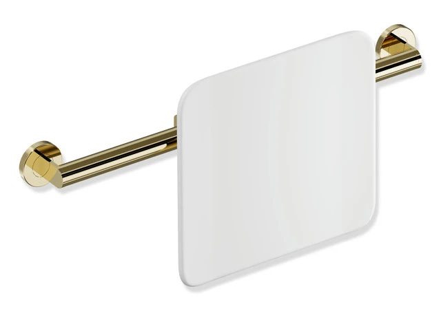 Rückenstütze des Systems 900, Anbindung aus Edelstahl, PVD, Lehne aus Kunststoff, weiß, Achsmaß von 582 bis 682 mm bauseits verstellbar, T: 150 mm, zur Wandmontage, in Farbe CK (Messing glänzend)