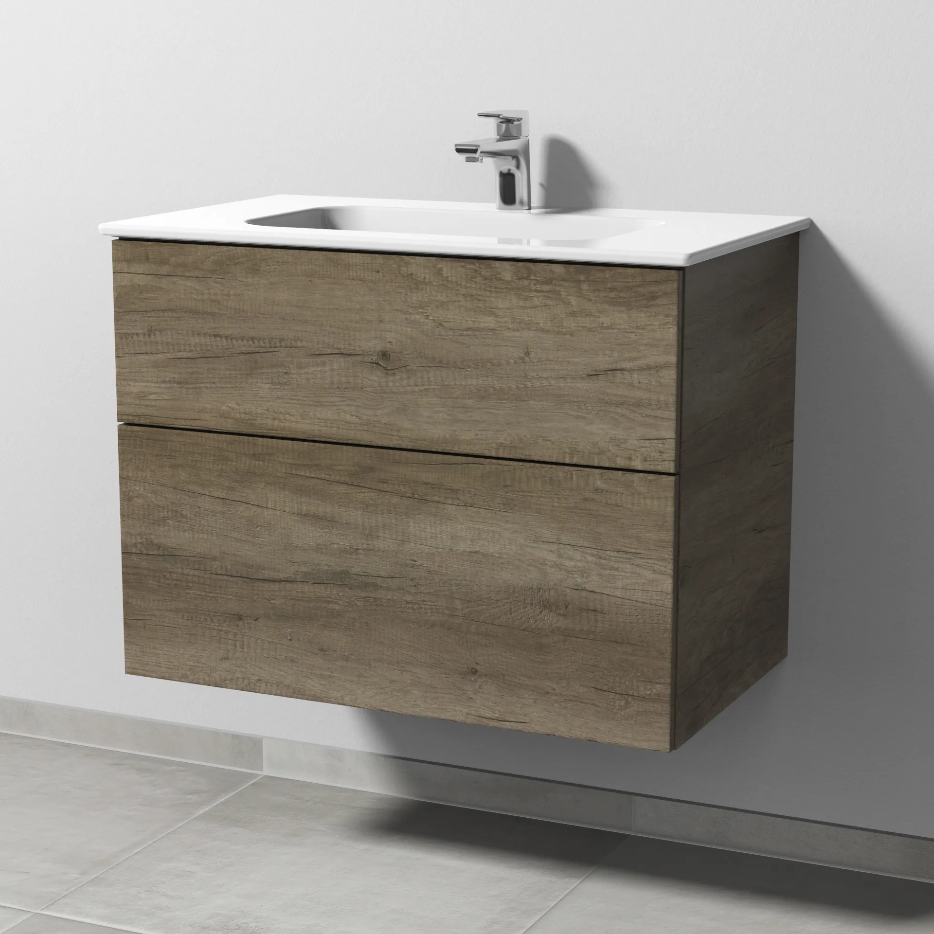 Keramik-Waschtisch-Set mit Waschtischunterschrank „3way“ 77 × 46 × 58,2 cm in Eiche Nebraska, mit Hahnlochbohrung, Becken mittig