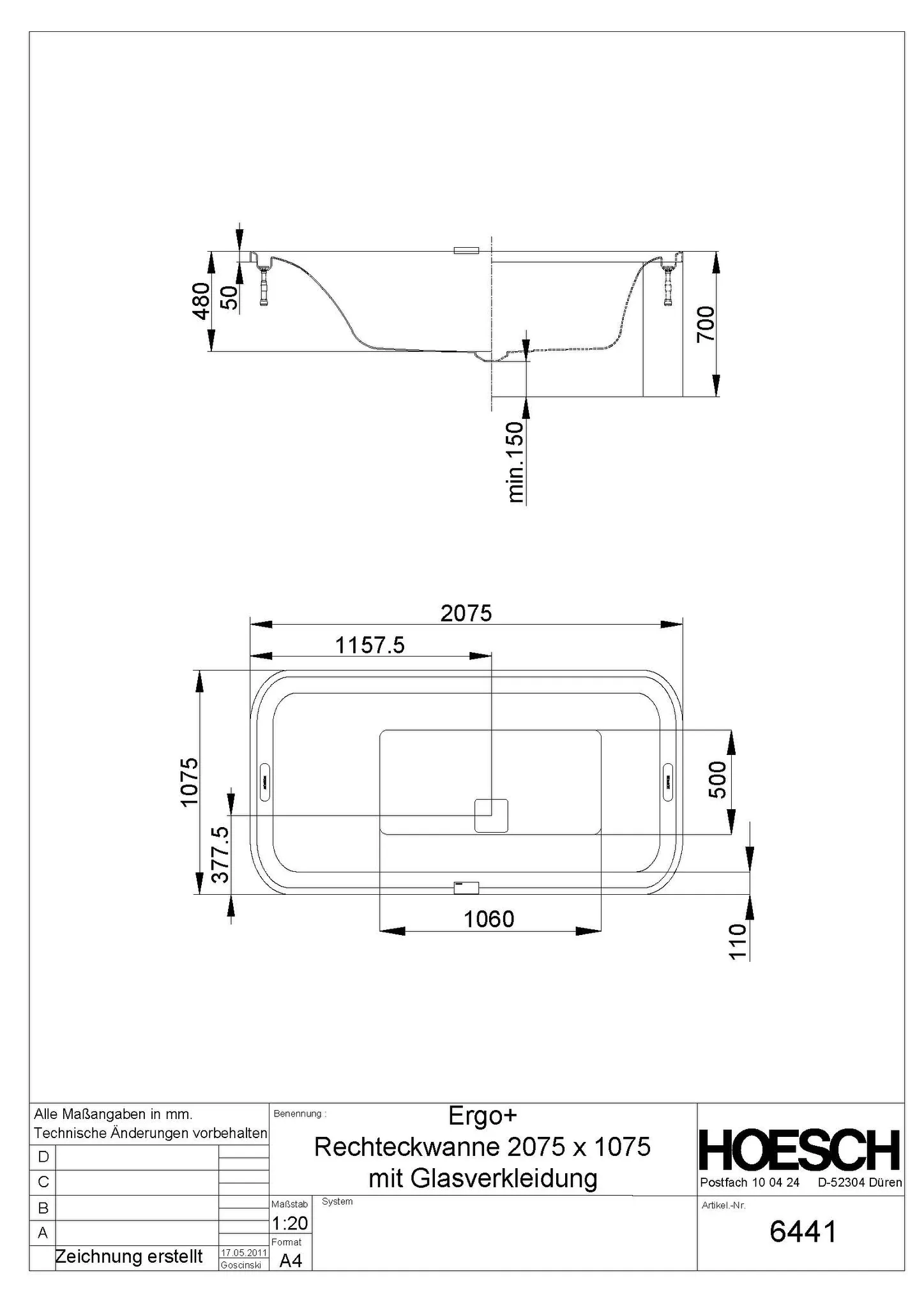 Hoesch Badewanne „Ergo+“ freistehend rechteck 207,5 × 107,5 cm