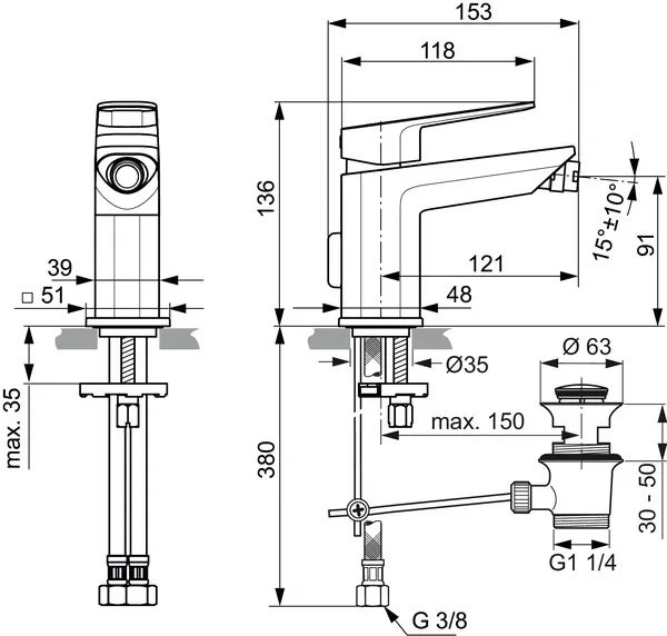 Bidetarmatur Tonic II, mit Ablaufgarnitur, Ausladung 121mm, Chrom Bidetarmatur Tonic II, mit Ablaufgarnitur, Ausladung 121mm, Chrom