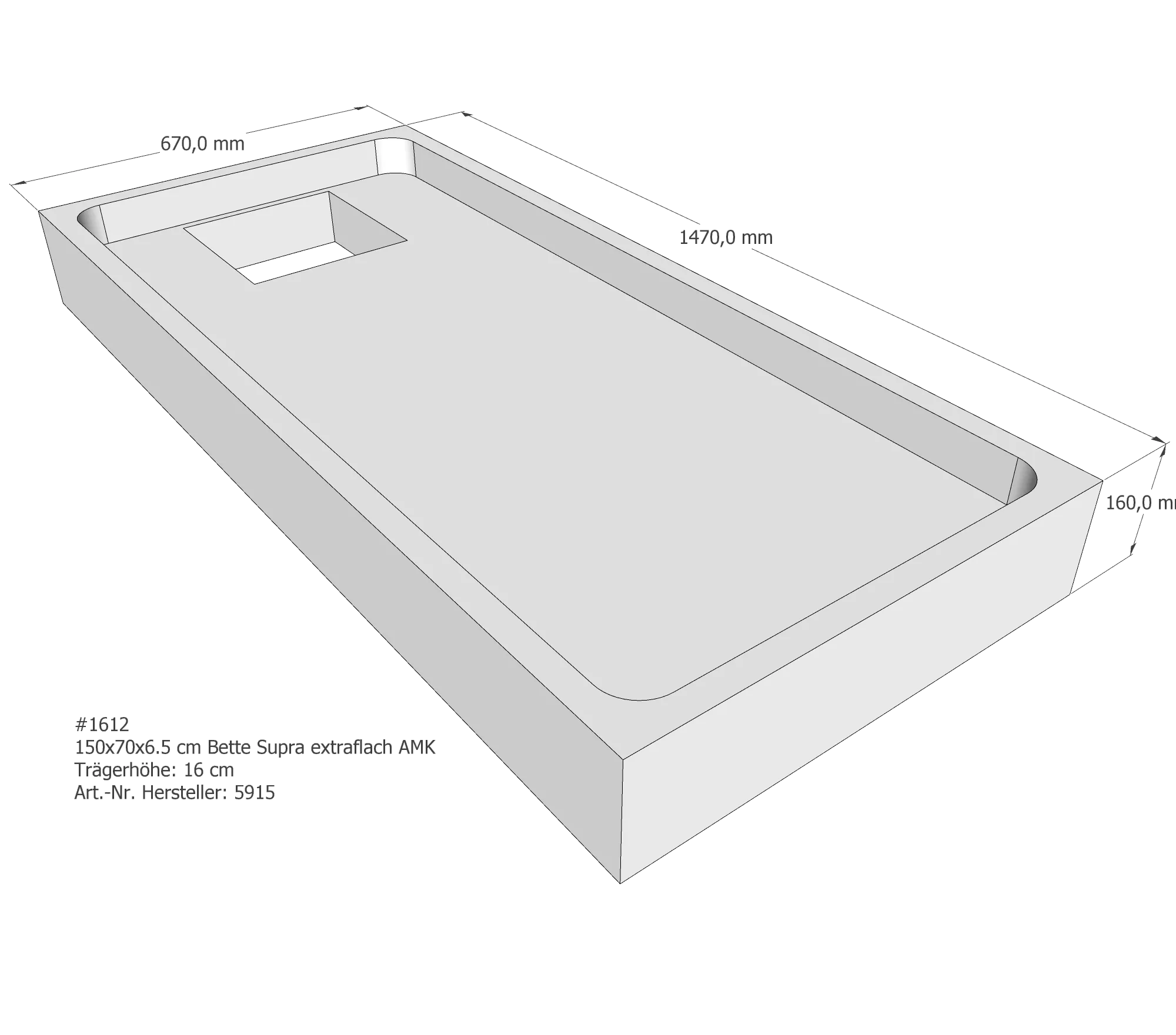 Duschwannenträger für Bette Supra (extraflach) 150 × 70 × 6,5 cm Breite: 70 cm / Länge: 150 cm