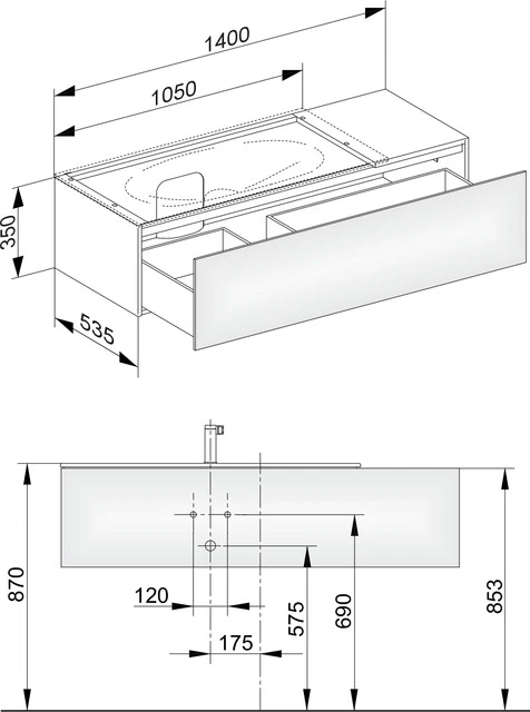 Edition 11 Waschtischunterbau mit Auszug 1400 x 350 x 535 mm trüffel/trüffel WTU Edition 11 31163,1 Auszug, trüffel/trüffel