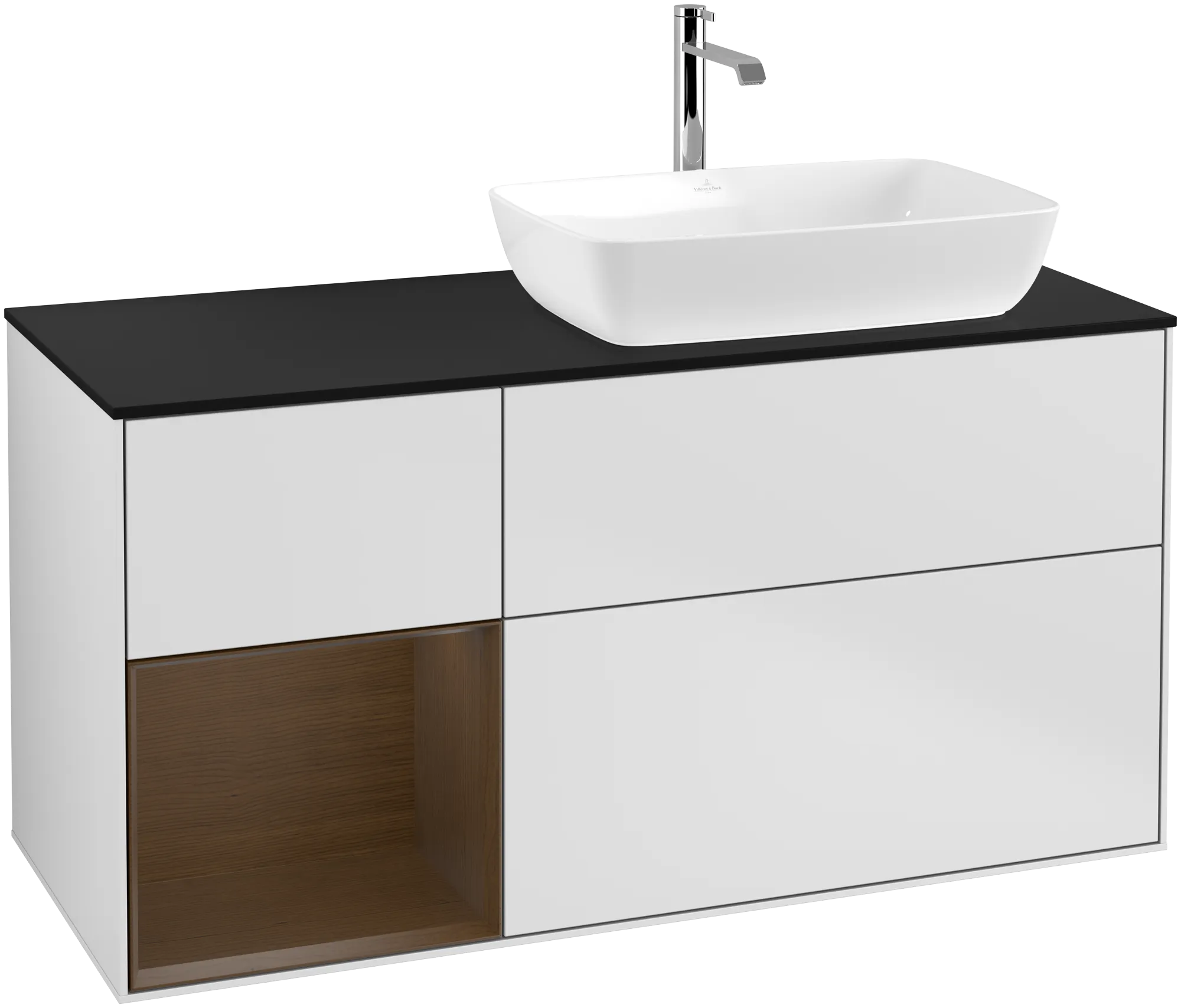 Villeroy & Boch Waschbeckenunterschrank Finion F80, 1200x603x501mm, White Matt Lacquer / Walnut Veneer / Glass Black Matt