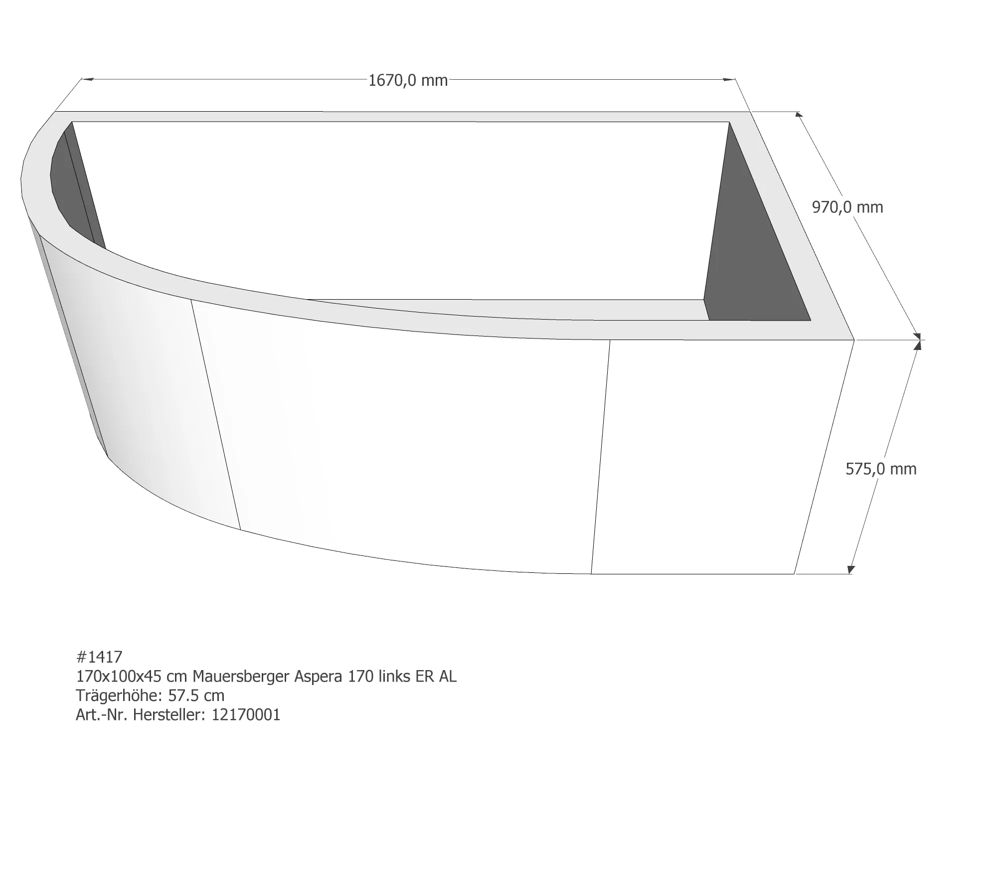 Badewannenträger passend für Mauersberger Aspera links 170 × 100 × 45 cm