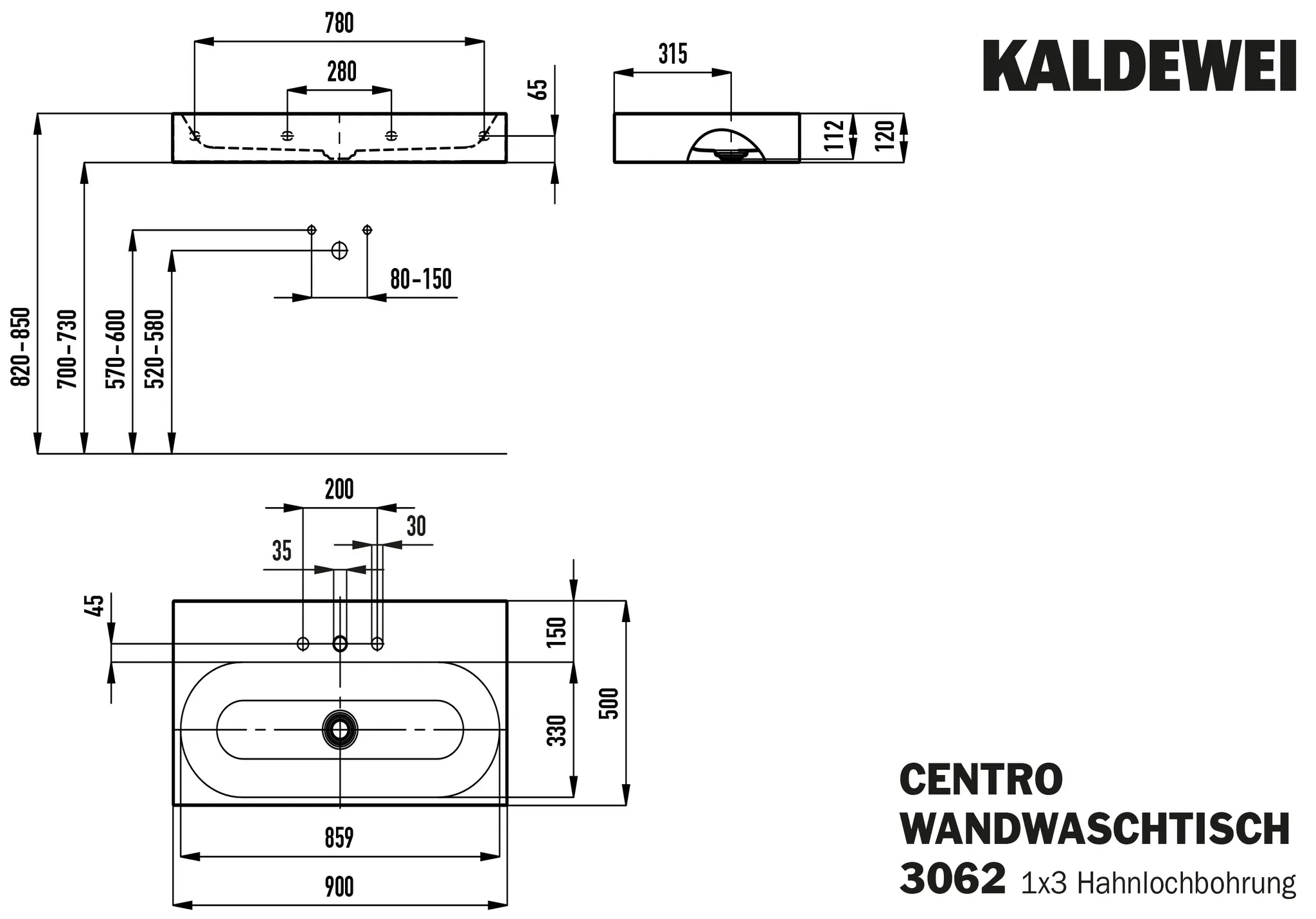 Wandwaschtisch „Centro“ 90 × 50 cm, mit Hahnlochbohrung in schwarz matt, mit Perl-Effekt