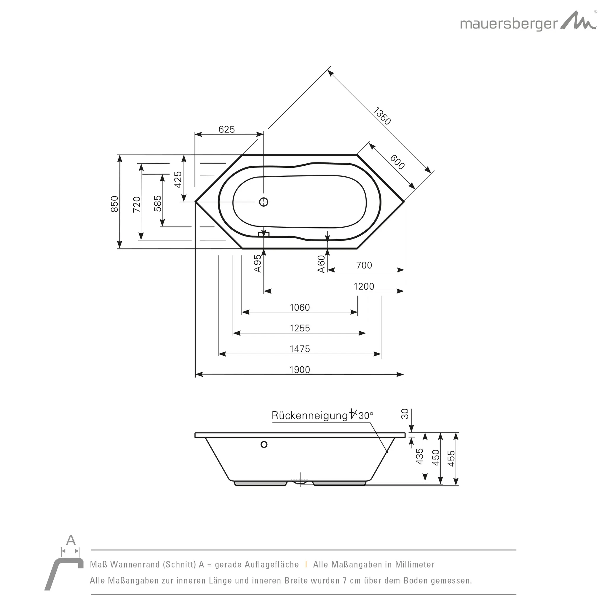 Mauersberger oleca Acryl-Badewanne 6-/8-Eckform 190⁄85